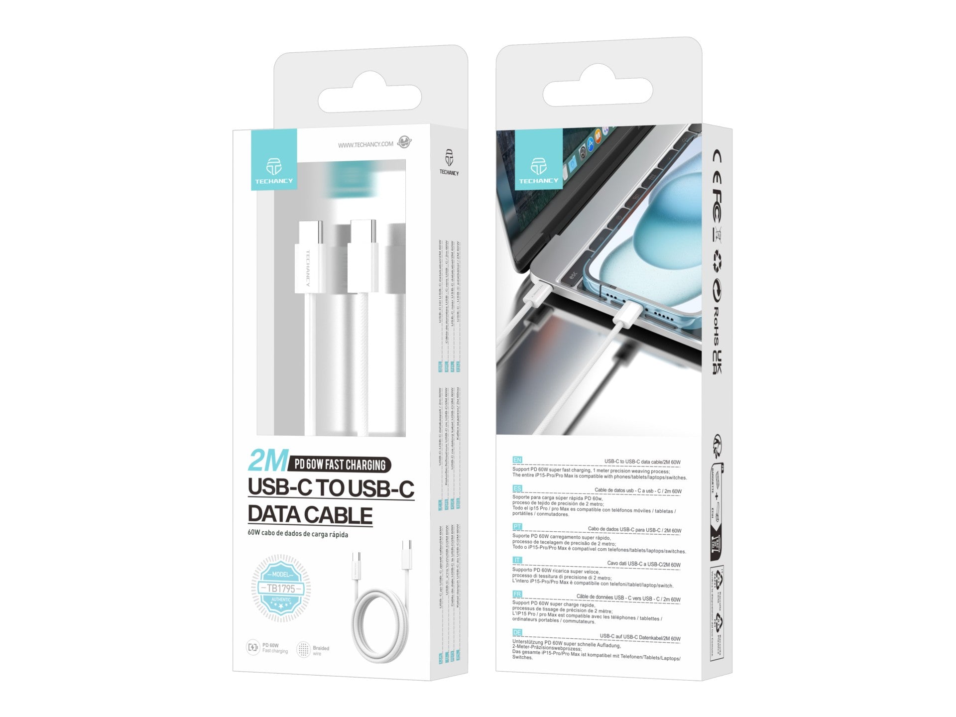 Techancy Cabo De Dados De Carregamento Rápido De 60 W Usb C Para Usb C TB1795, 2 M De Comprimento, Cabo Entrançado