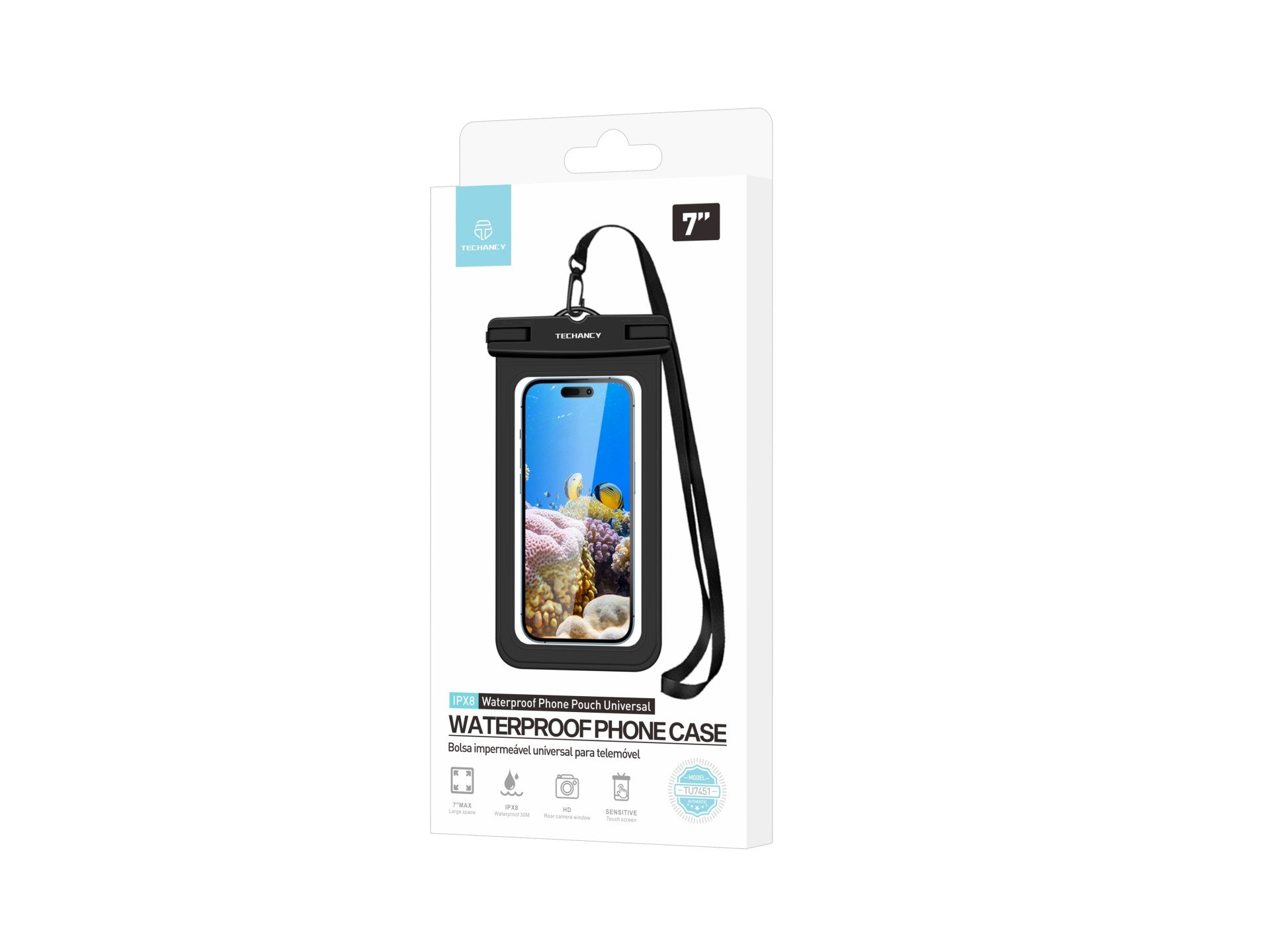 Techancy Bolsa Para Telemóvel À Prova De Água De 7,0 Polegadas Da, TU7451 À Prova De Água Ipx8, Fotos Nítidas, Preto