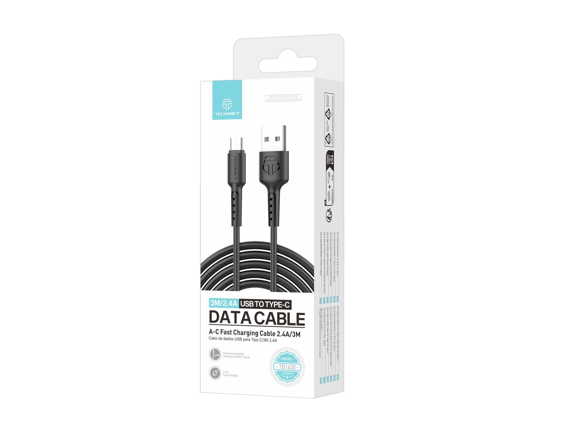 Techancy Cabo De Dados Preto TB1630, Cabo De Carregamento Rápido Usb Para Tipo C, 3 M/2,4 A, Compatível Com Dispositivos Usb-C