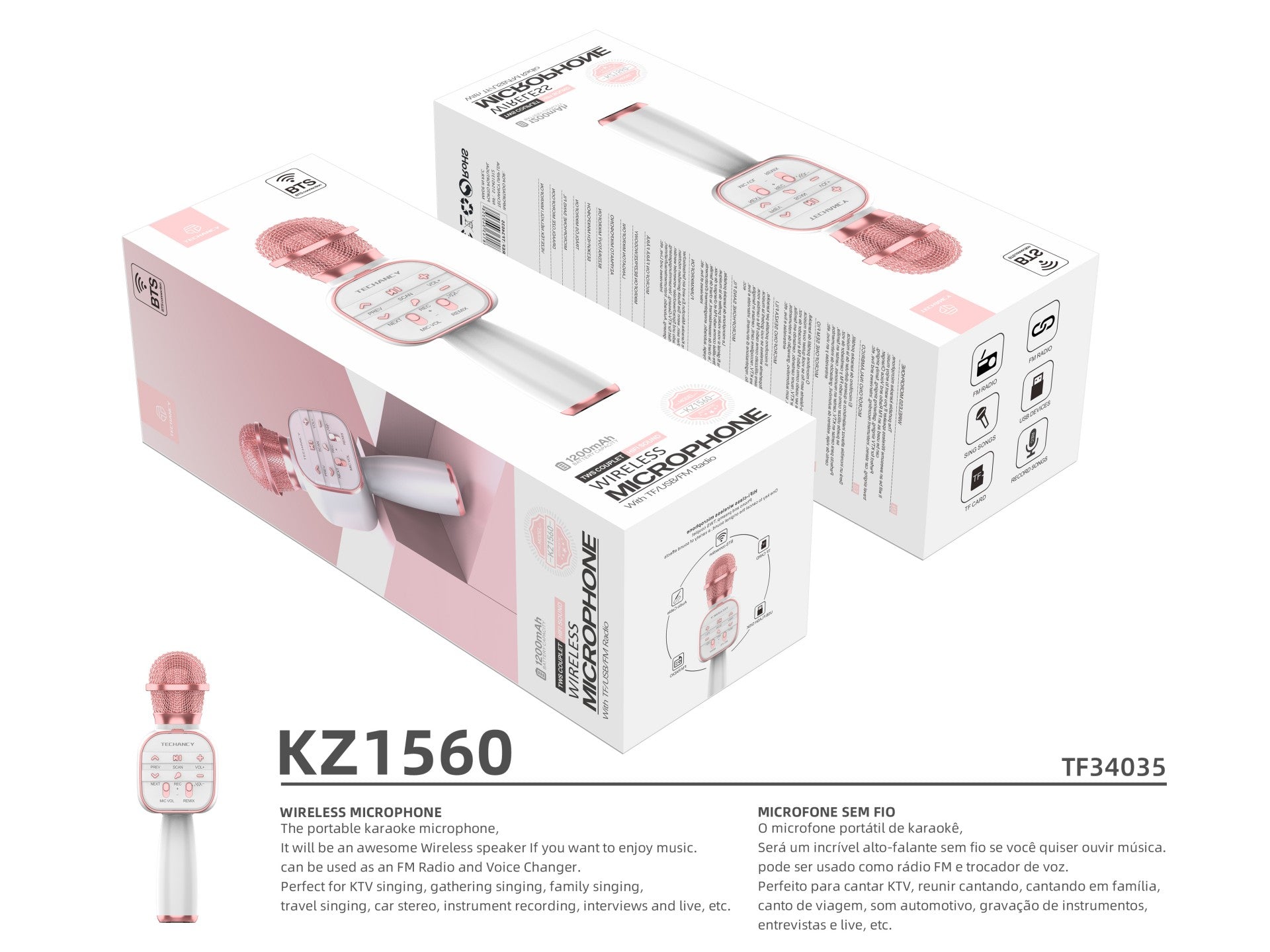 Microfone Bluetooth sem fios Techancy Dss, KZ1560, altifalante portátil para cantar, ouro rosa