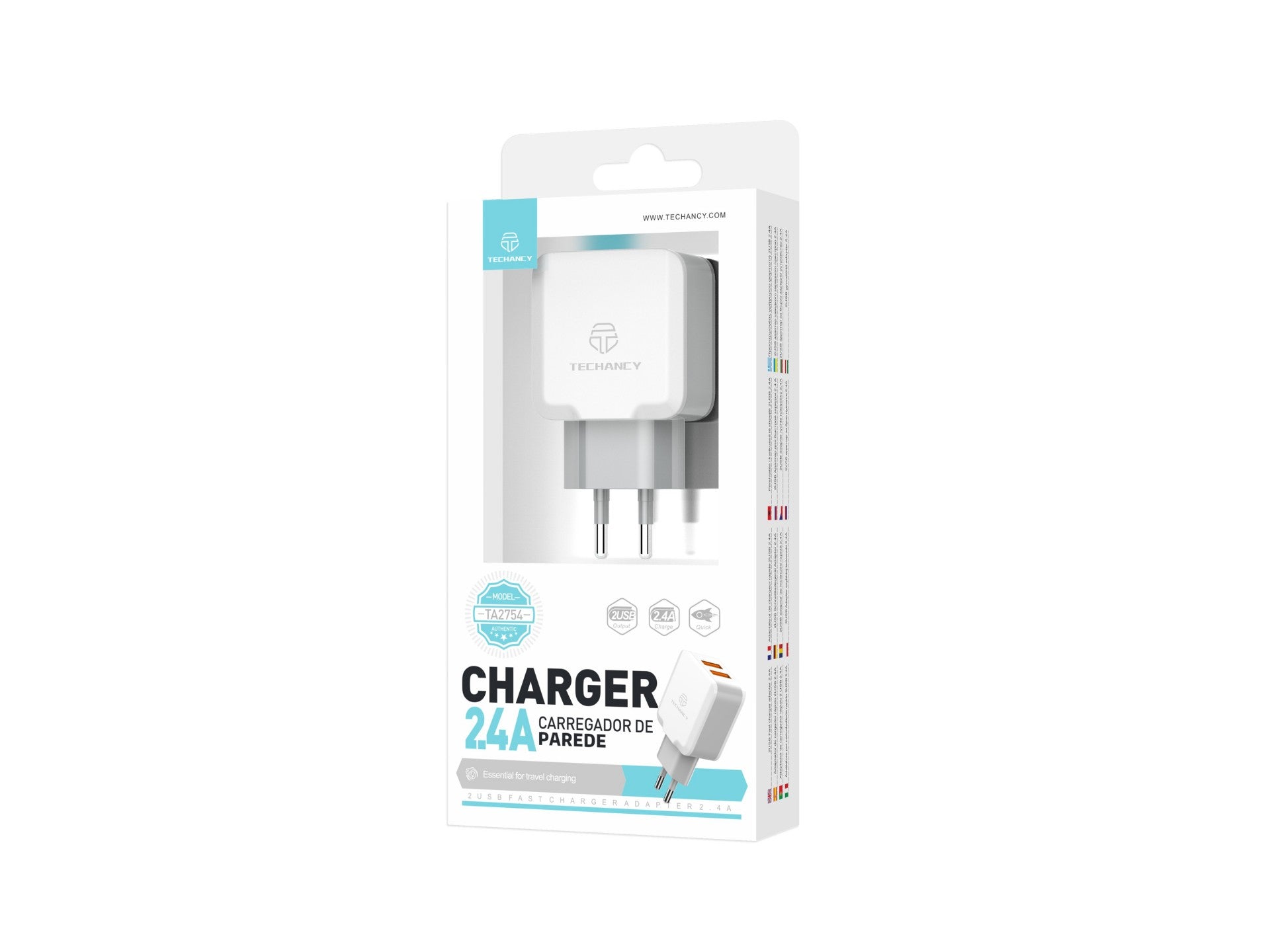 Techancy Carregador De Parede Com Duas Portas Usb 2.4A Branco TA2754 Para Carregamento Rápido De Smartphones E Tablets
