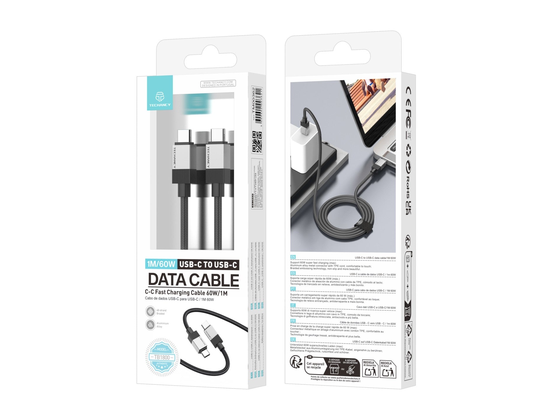 Techancy PD Data Cable TB1800, 60W, 1m Black, USB-C to USB-C, Aluminum Alloy Connector, Locked Design, Fast Charging