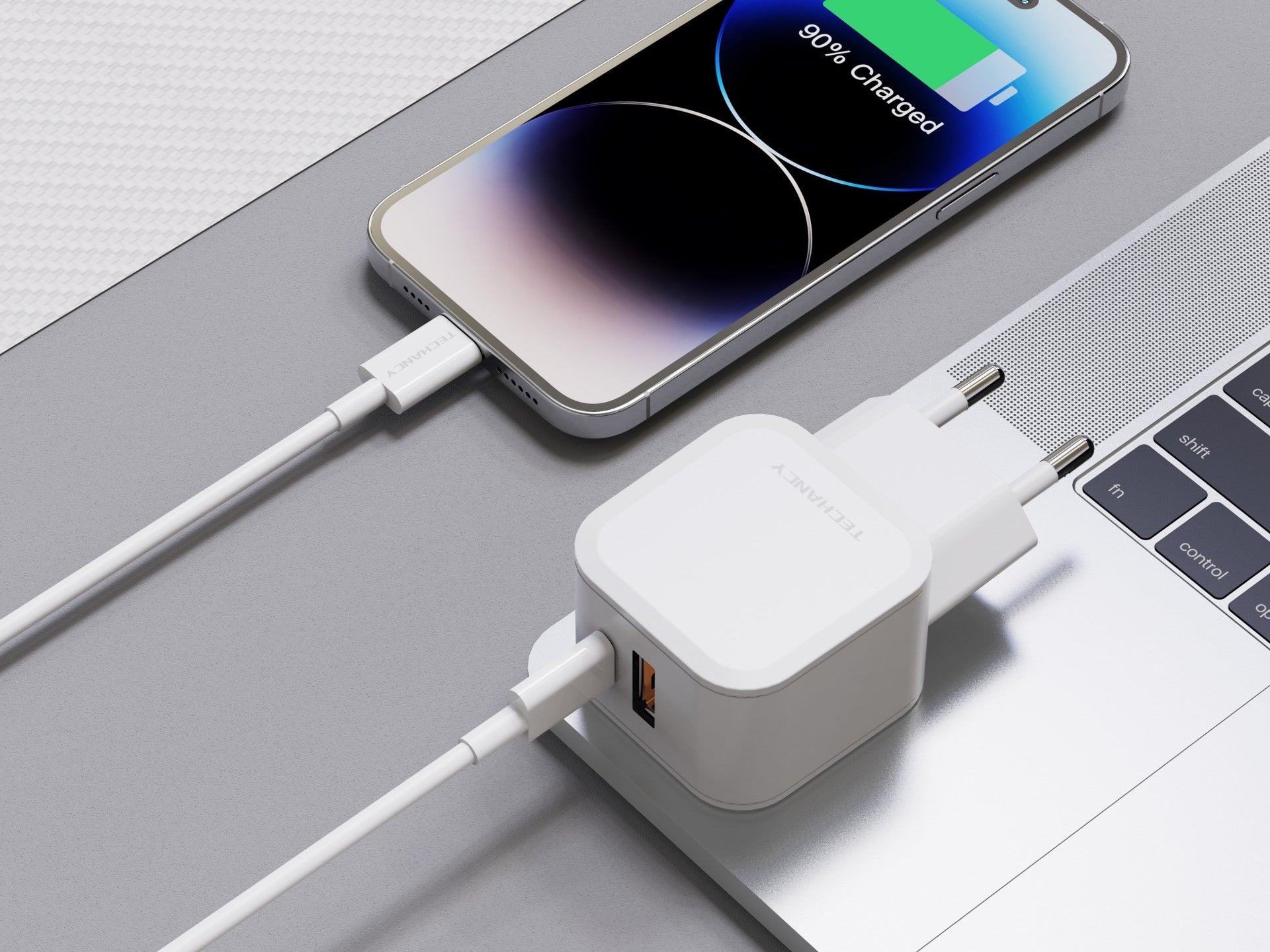 Techancy Fast Charger 43W White TA2813, Dual Port PD+USB, USB C to Lightning Cable Set 1m/30w