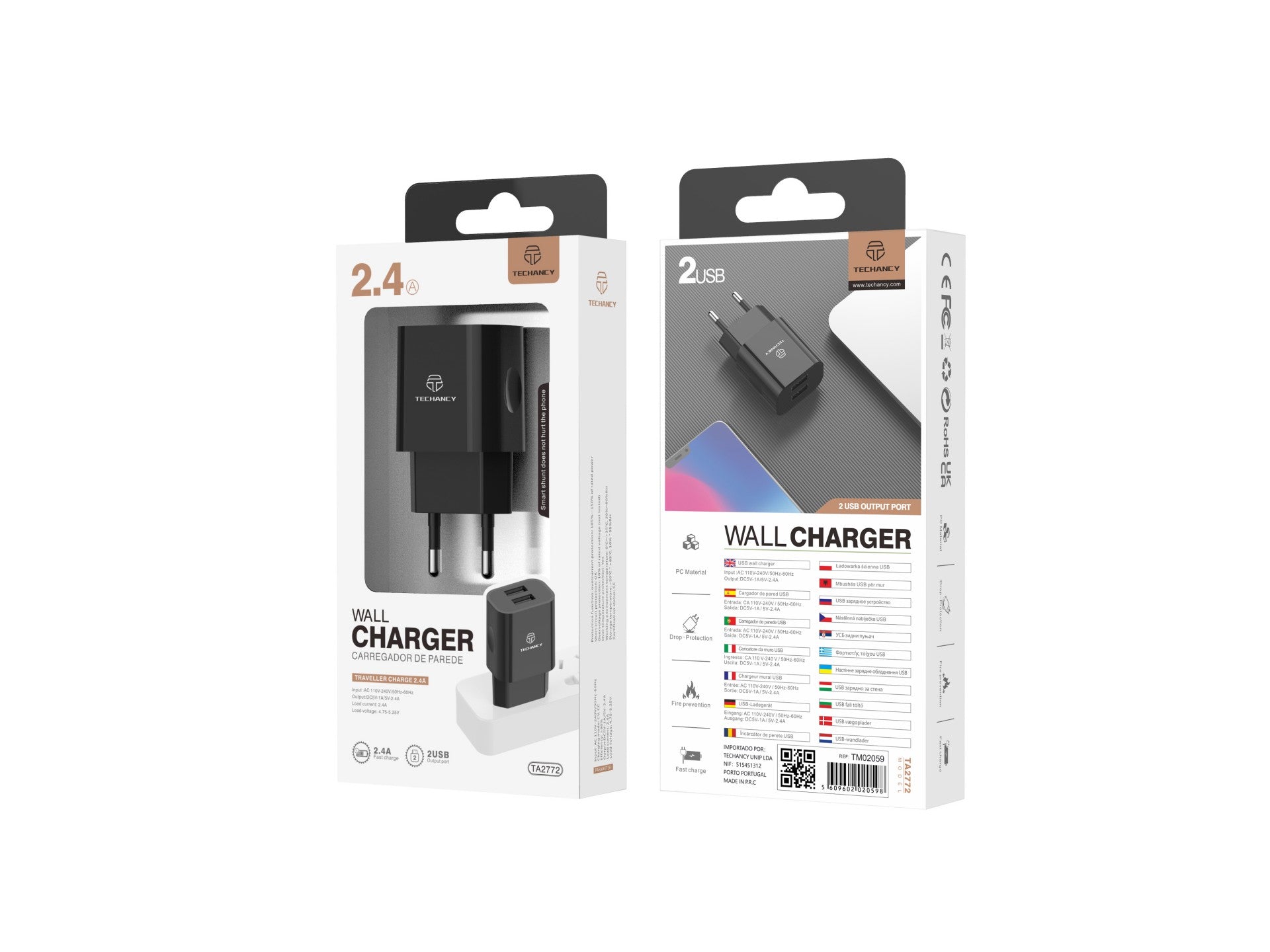 Techancy Carregador De Parede 2usb Preto TA2790, Carregamento 5V-2,4A, Conjunto De Cabos Lightning 1m, Compatível Com Iphone/Ipad