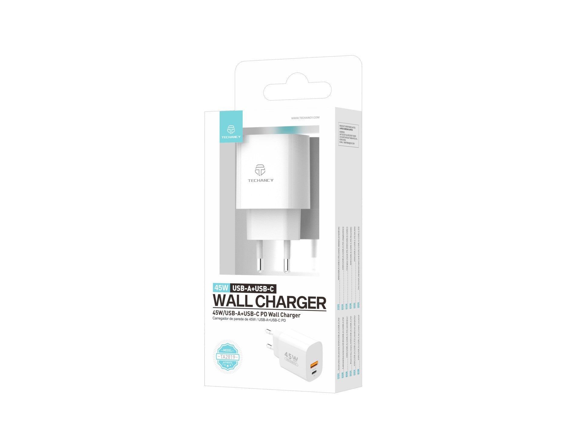 Techancy Carregador USB-A+USB-C TA2820, 45W PD, Dupla SaIda, Design Portatil, CompatIvel com Múltiplos Dispositivos