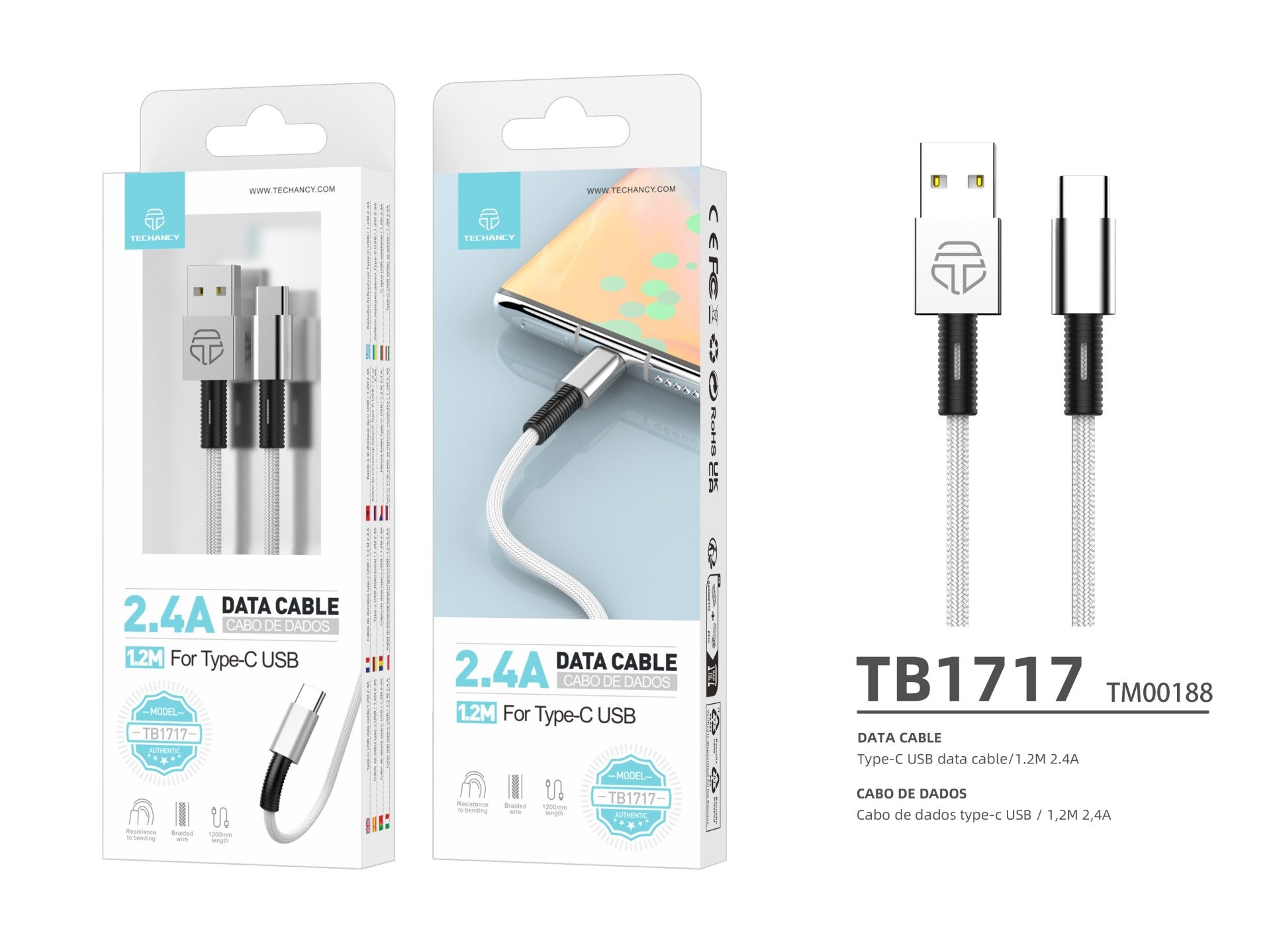 Techancy Cabo De Dados Usb- Tipo C Branco TB1717, Carregamento Rápido De 2,4 A, Liga De Alumínio + Entrançado 1,2 M