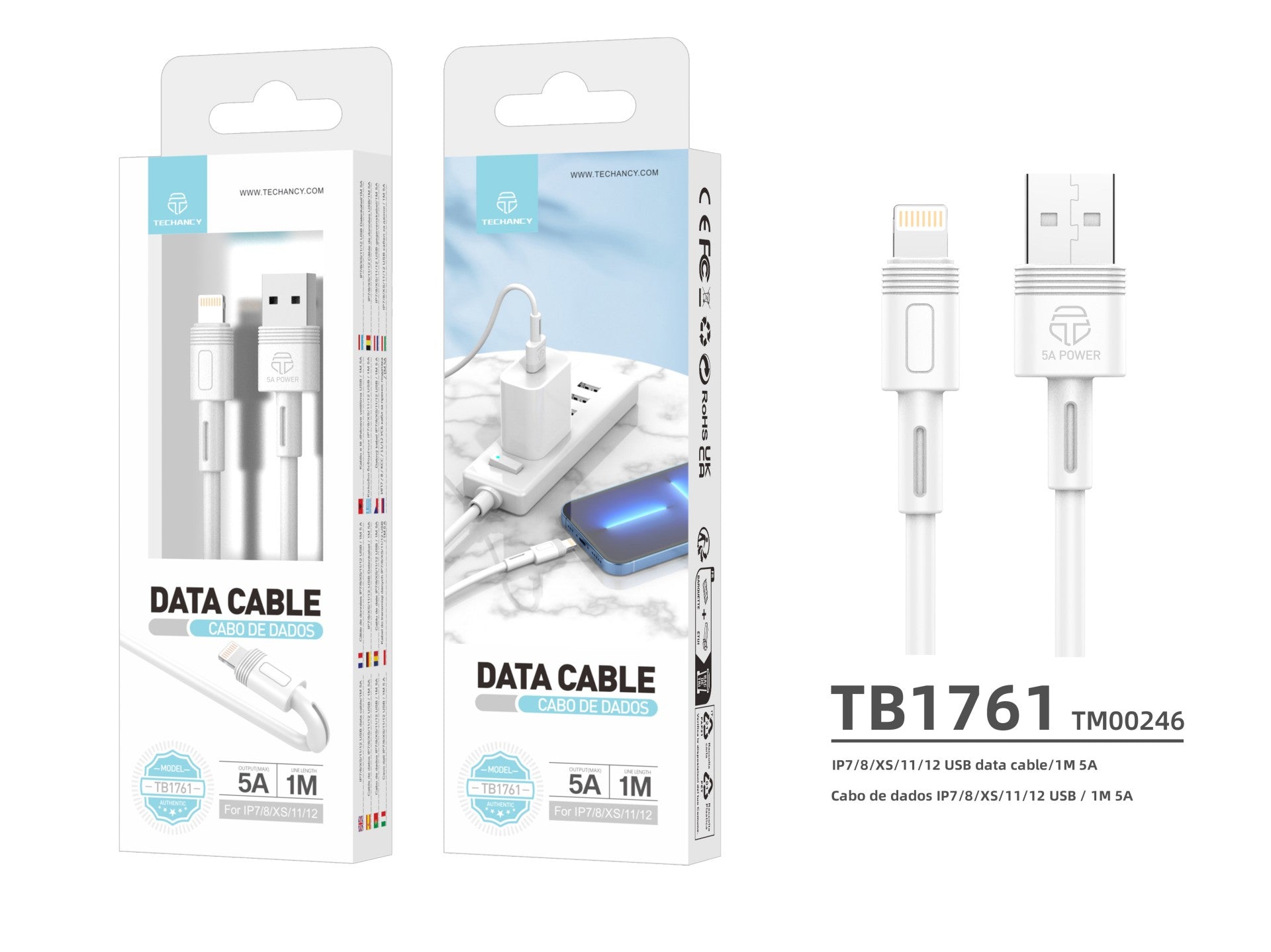 Techancy Cabo De Dados De Carregamento Rápido 5A 1m Branco TB1761, Interface Usb-Lightning, Suporta Transferência De Dados