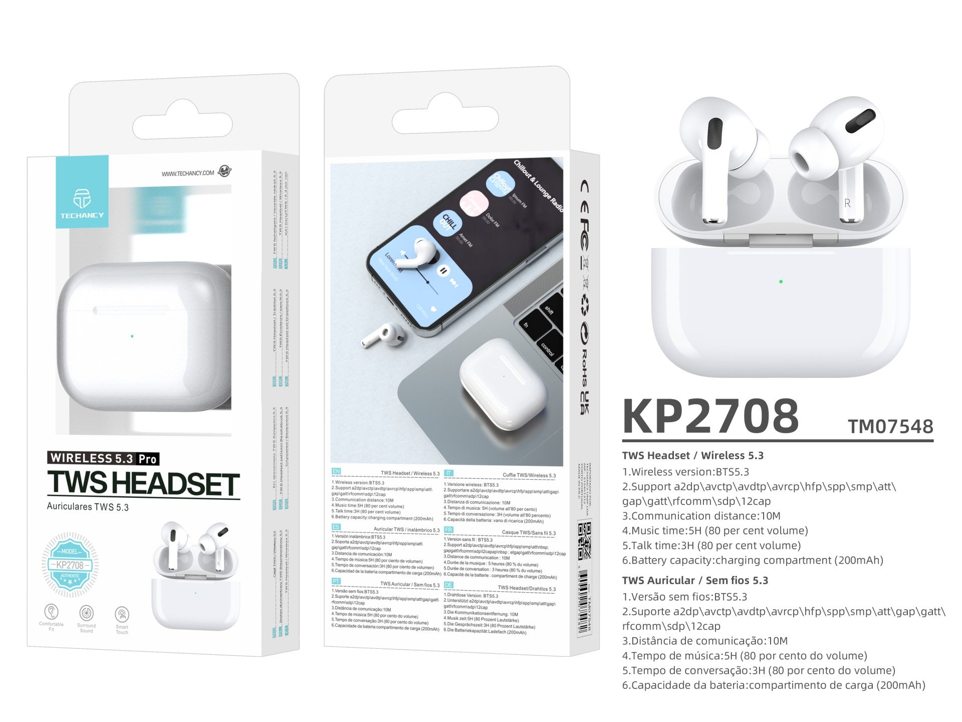 Techancy Tws Wireless Headset Pro White KP2708, Bluetooth 5.3, Auricular Estéreo Com Conversação, Reprodução De Música 5h