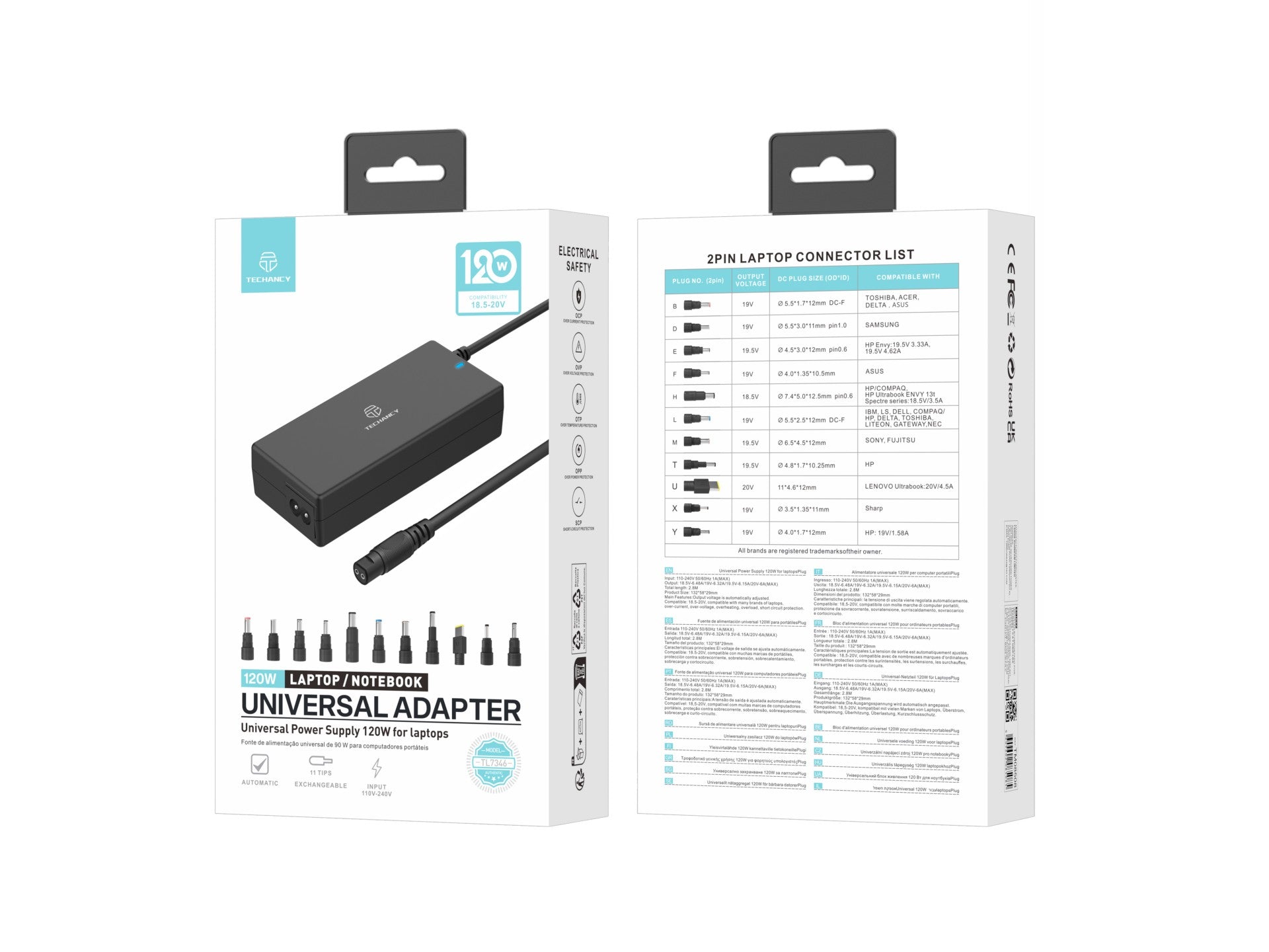 Techancy  Adaptador de energia universal TL7344 para laptops, com potência de 120W, 11 conectores e proteções contra sobrecorrente e sobretensão