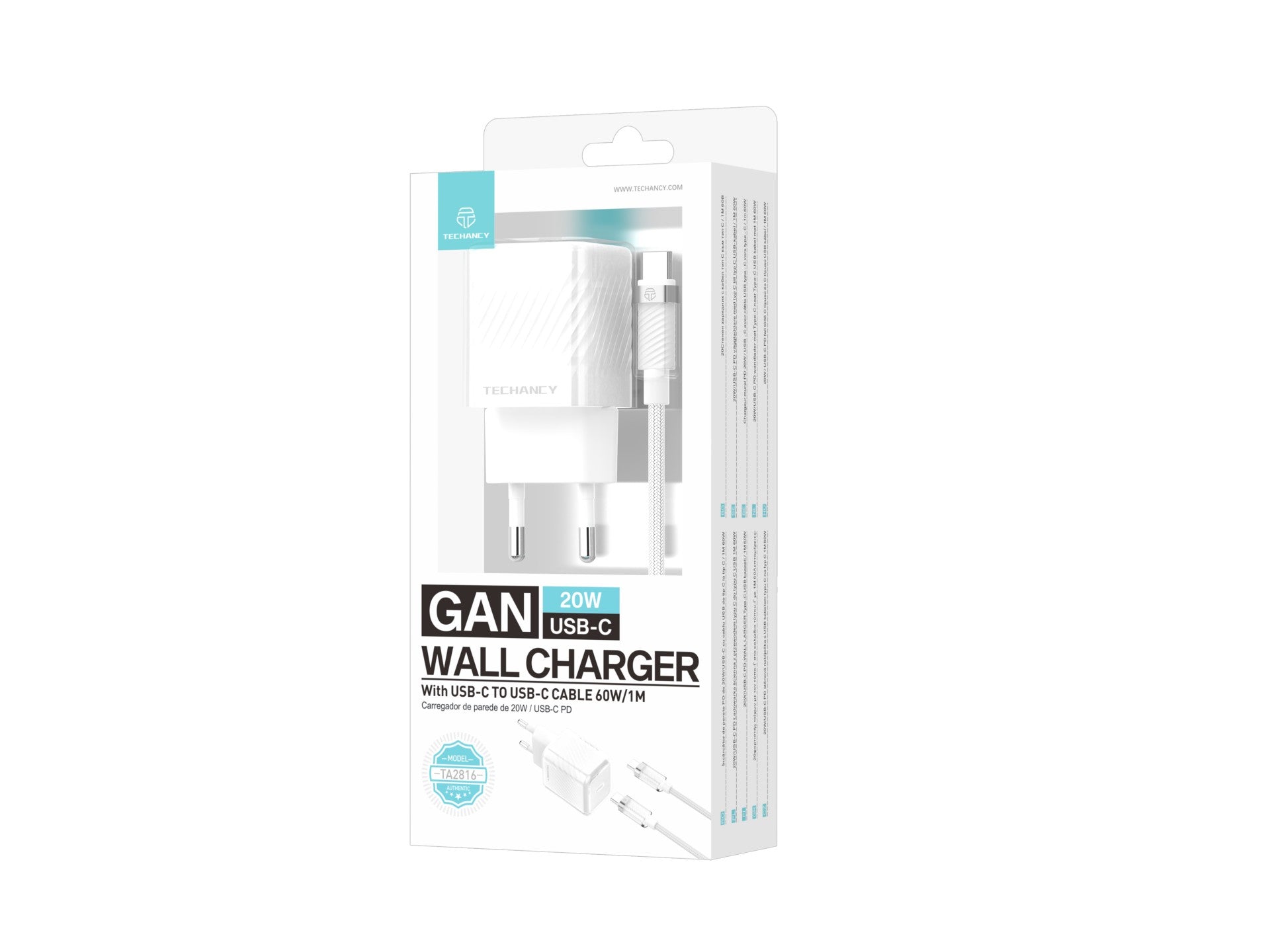Techancy Carregador De Telemóvel De 20 W Branco TA2816, Carregamento Rápido Usb-C Pd Gan, Conjunto De Cabos Usb C Para Usb C 1m/60w