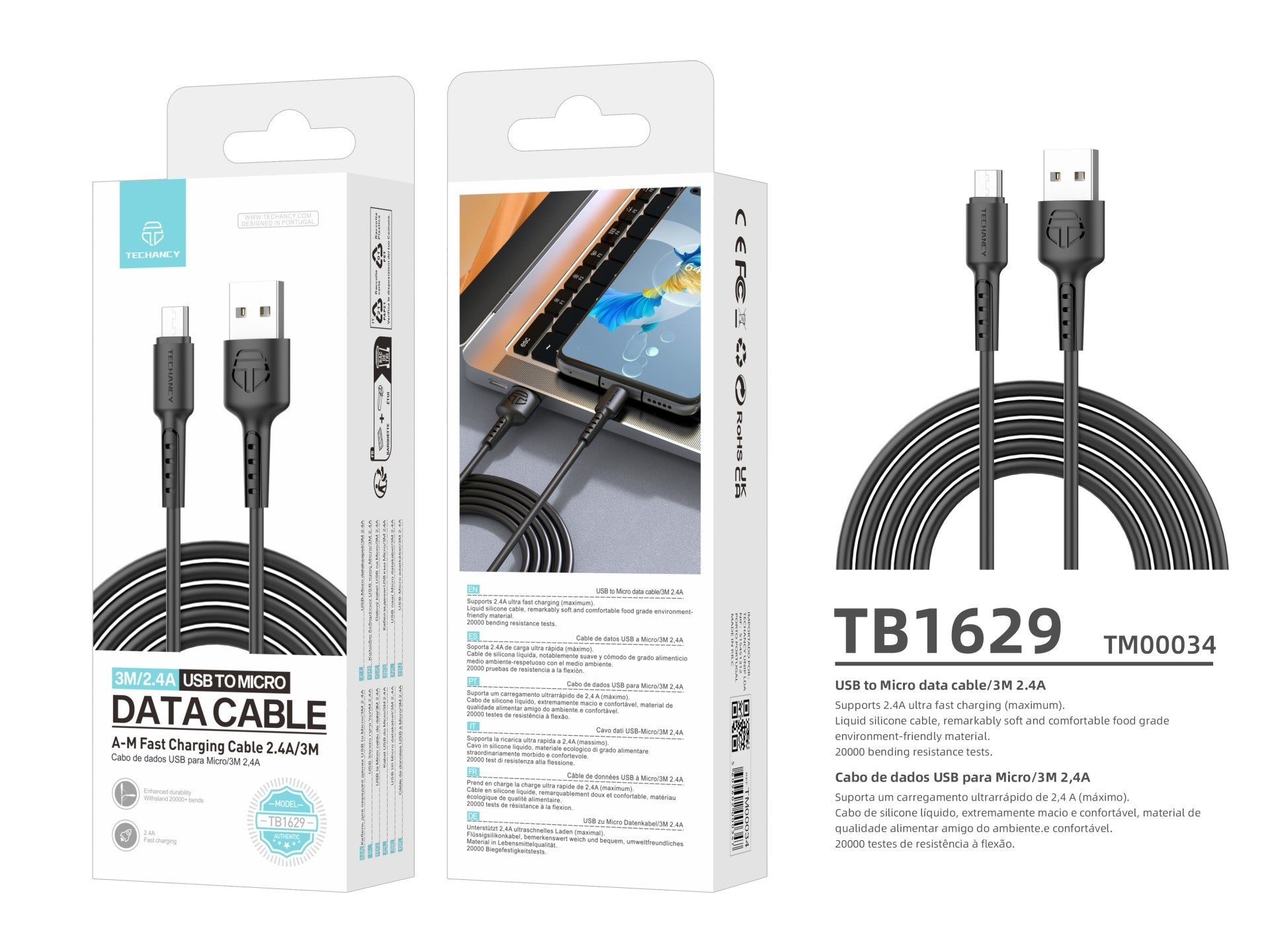 Techancy Black Data Cable TB1629, USB to Micro Fast Charging Cable, 3M/2.4A, Compatible with Android Devices