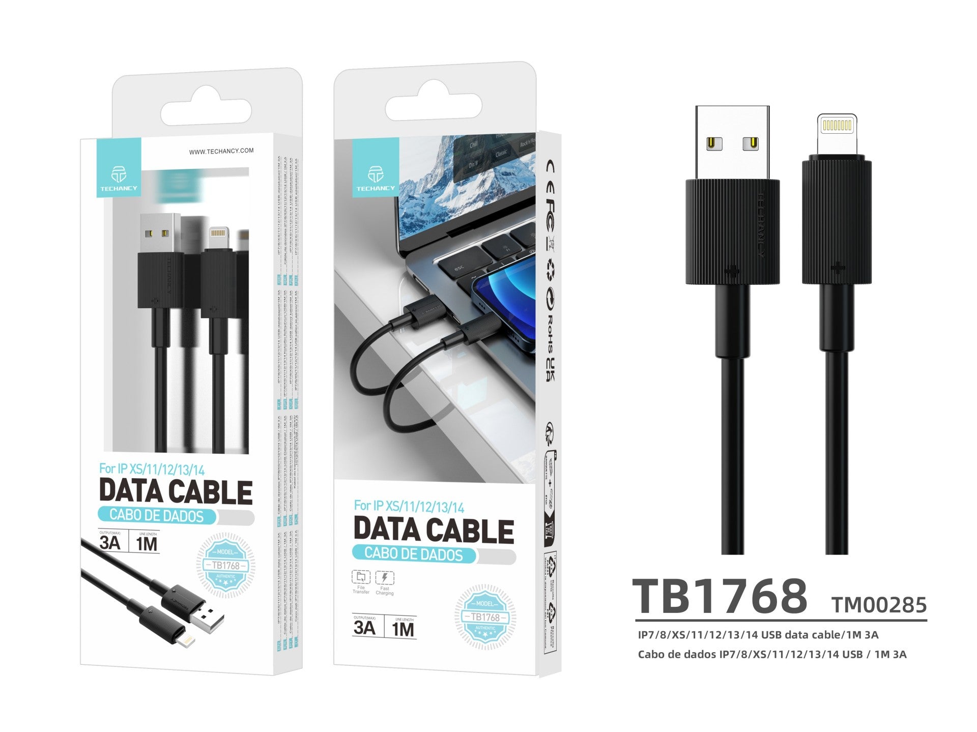 Techancy Cabo De Dados Usb-Lightning Preto TB1768, Comprimento 1m Suporta Corrente De 3A E Transferência De Dados De 480mbps,