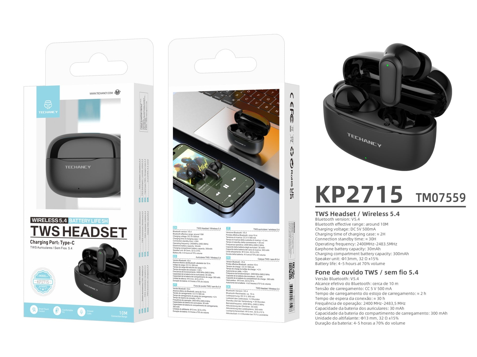 Techancy Bluetooth TWS Wireless 5.4 KP2715 Earphones with HD Microphone, Smart Touch, USB-C for Android and iPhone - Black