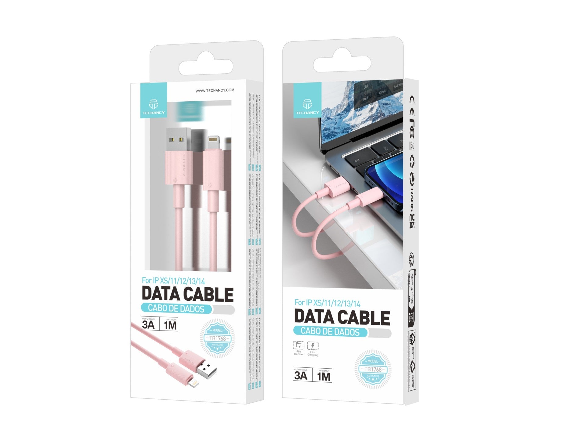 Cable de datos USB-Lightning Techancy rosa TB1768, longitud 1 m, admite corriente de 3 A y transferencia de datos de 480 Mbps.