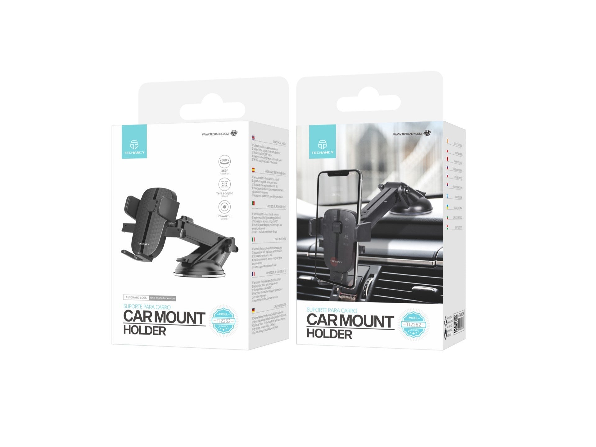 Soporte para teléfono de coche Techancy Ti2252, ventosa de fijación firme, rotación de 360°, desbloqueo con una llave.