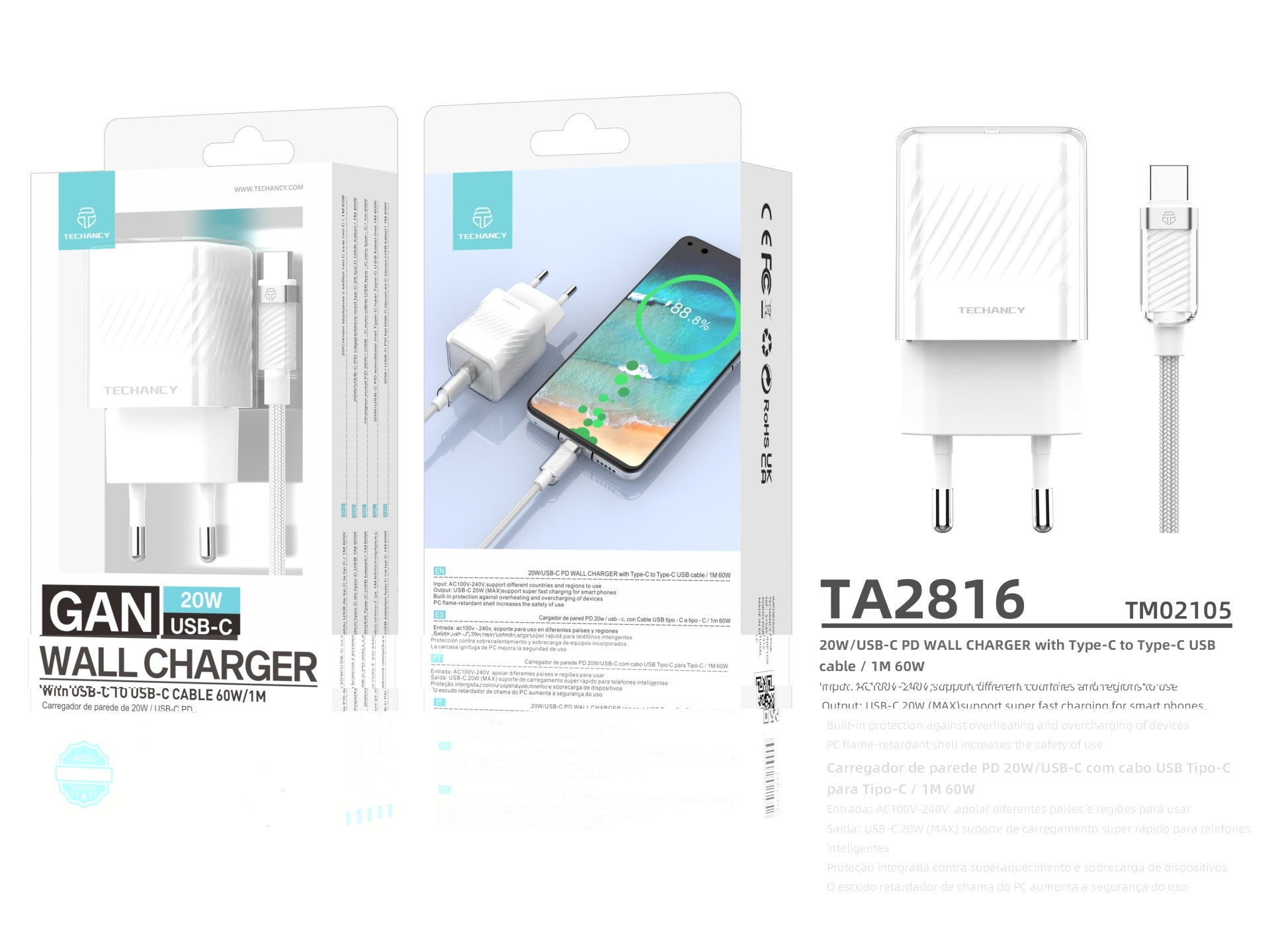 Techancy Carregador De Telemóvel De 20 W Branco TA2816, Carregamento Rápido Usb-C Pd Gan, Conjunto De Cabos Usb C Para Usb C 1m/60w