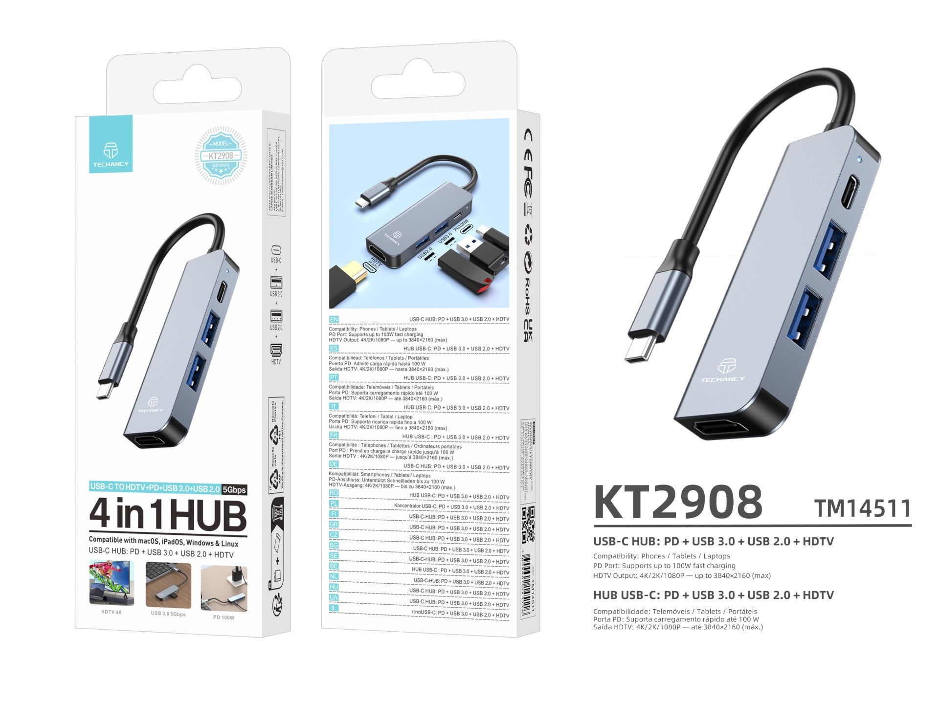 Hub USB-C 4 en 1 Techancy KT2908 con HDTV, PD, USB 3.0 y USB 2.0, compatible con PC y teléfonos móviles, color gris.