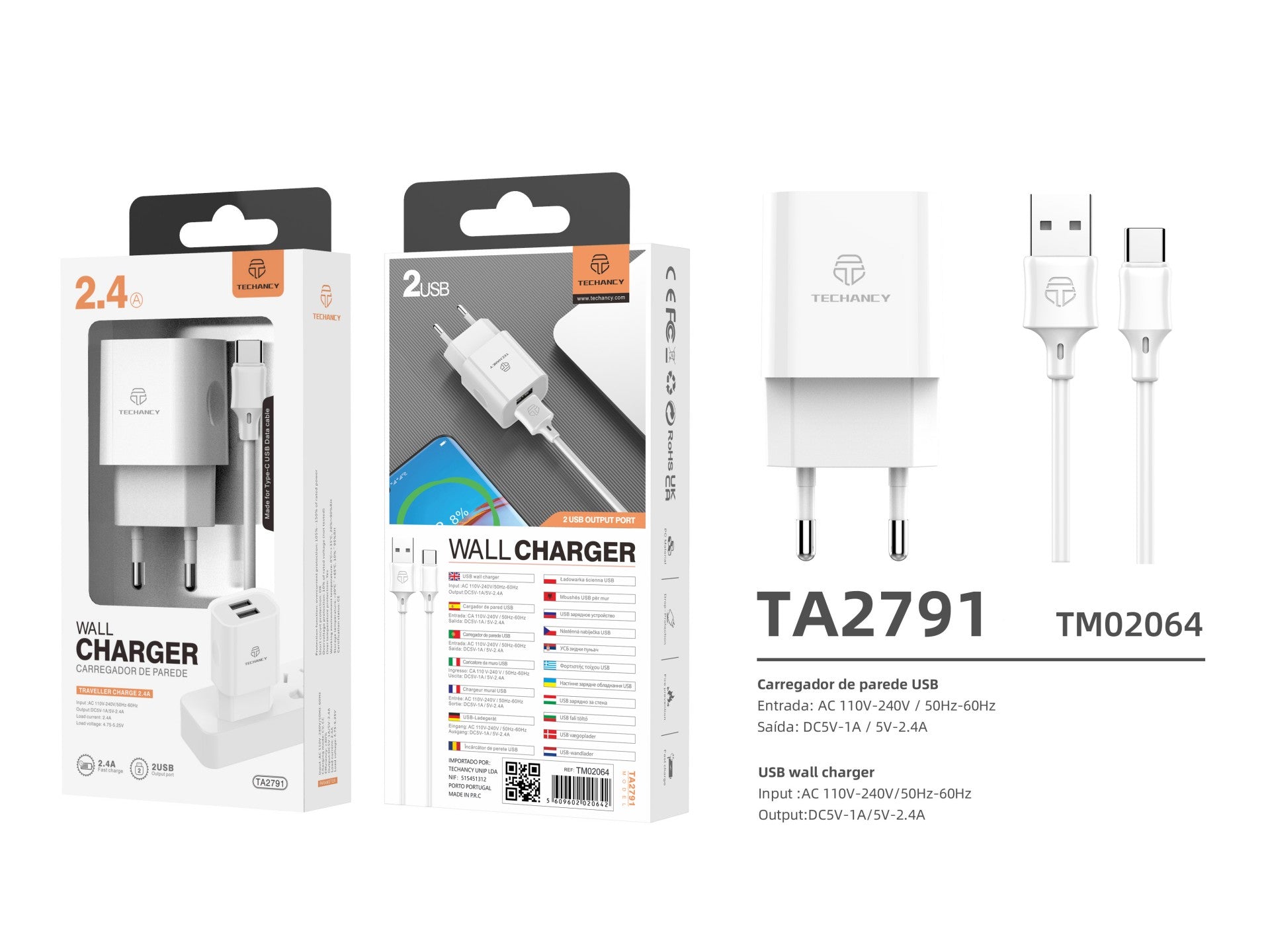Techancy Carregador De Parede 2usb Branco TA2791,5V-2.4A Carregamento,Conjunto De Cabos Usb-Tipo-C 1m,Suporta Telemóveis Usb-C