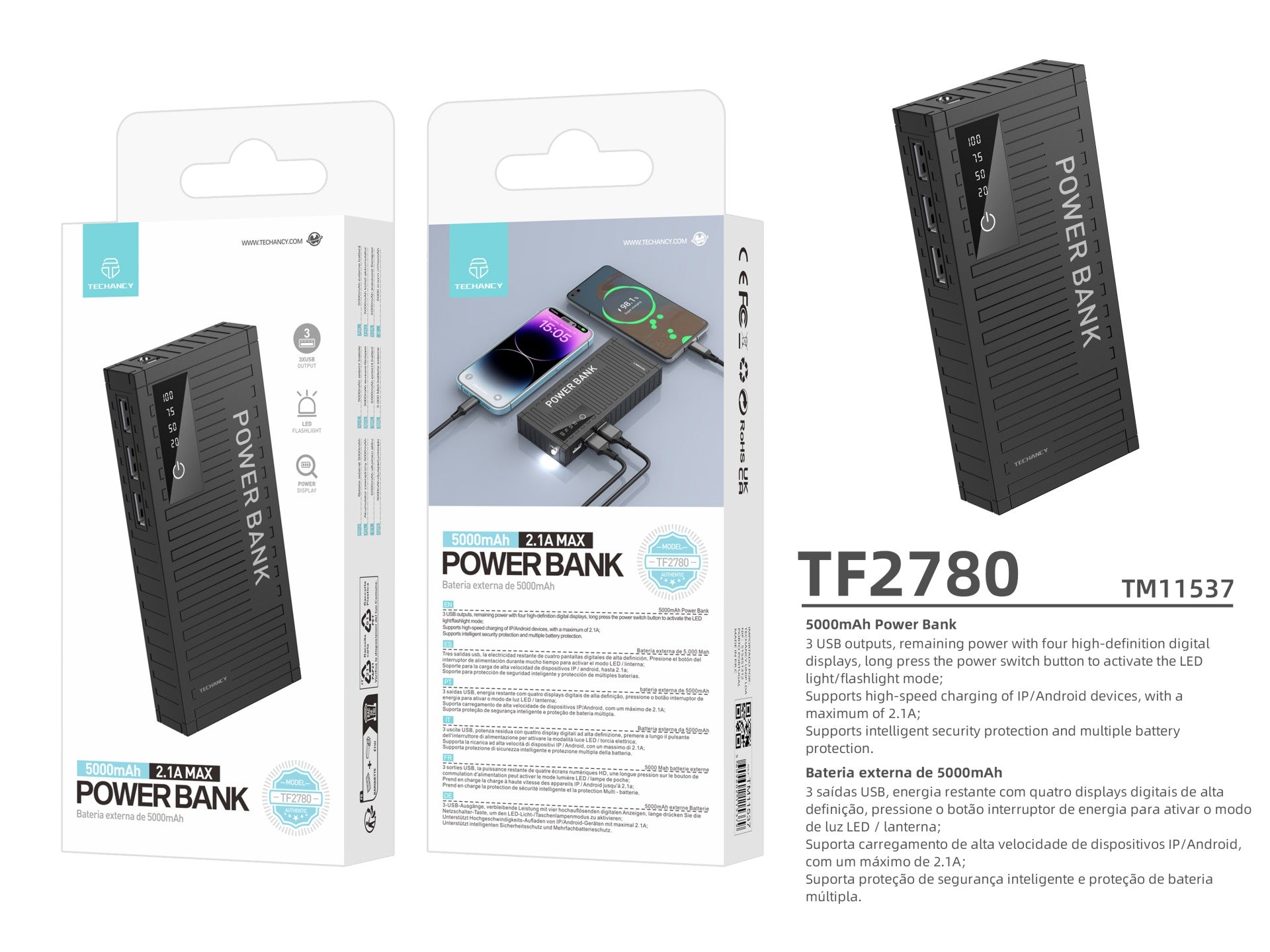 Techancy 5000mah Power Bank Preto TF2780，Carregamento Rápido De 2A,3 Saídas Usb Para Telemóvel/Tablet.