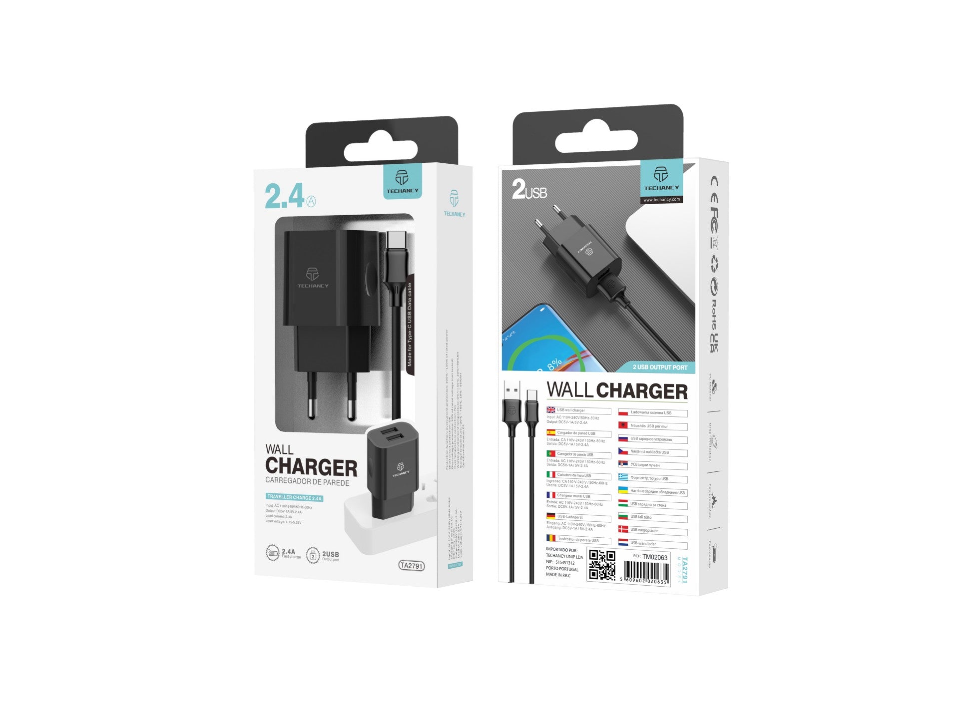 Techancy Carregador De Parede 2usb Preto TA2791,5V-2.4A Carregamento,Conjunto De Cabos Usb-Tipo-C 1m,Suporta Telemóveis Usb-C