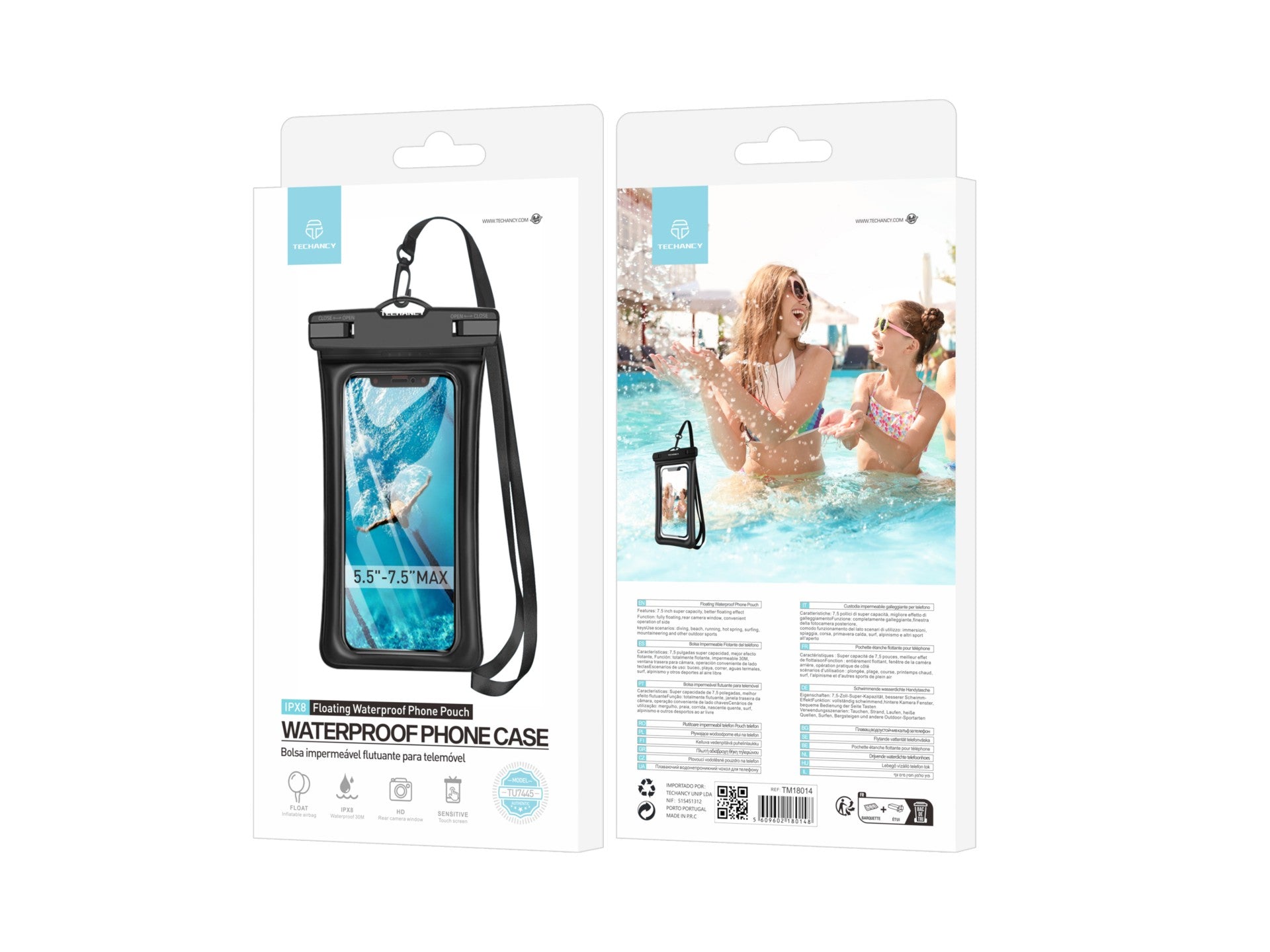 Techancy Bolsa Para Telemóvel À Prova De Água TU7445, 5,5-7,5 Polegadas À Prova De Água, Bolsa De Ar Flutuante, Preto