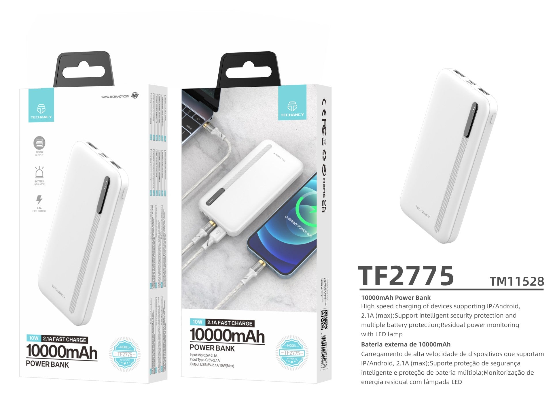 Techancy Power Bank 10000mah White  TF2775, Carregamento Rápido De 10w Para Smartphones, Tablets E Muito Mais!