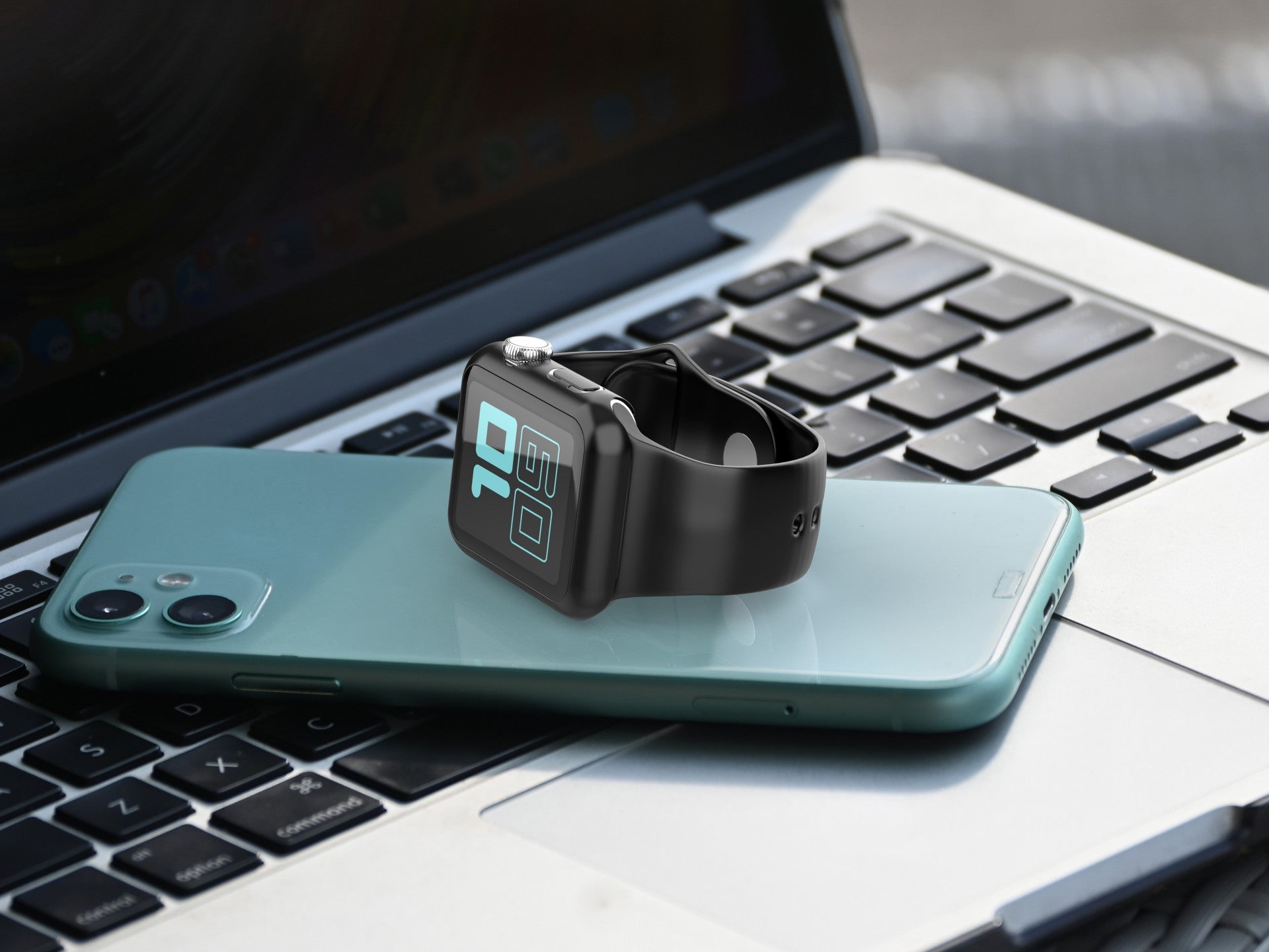 Pulseira de silicone para relógio Techancy, KC2115, com protetor de ecrã, compatível com Apple Watch 40 mm, Preto
