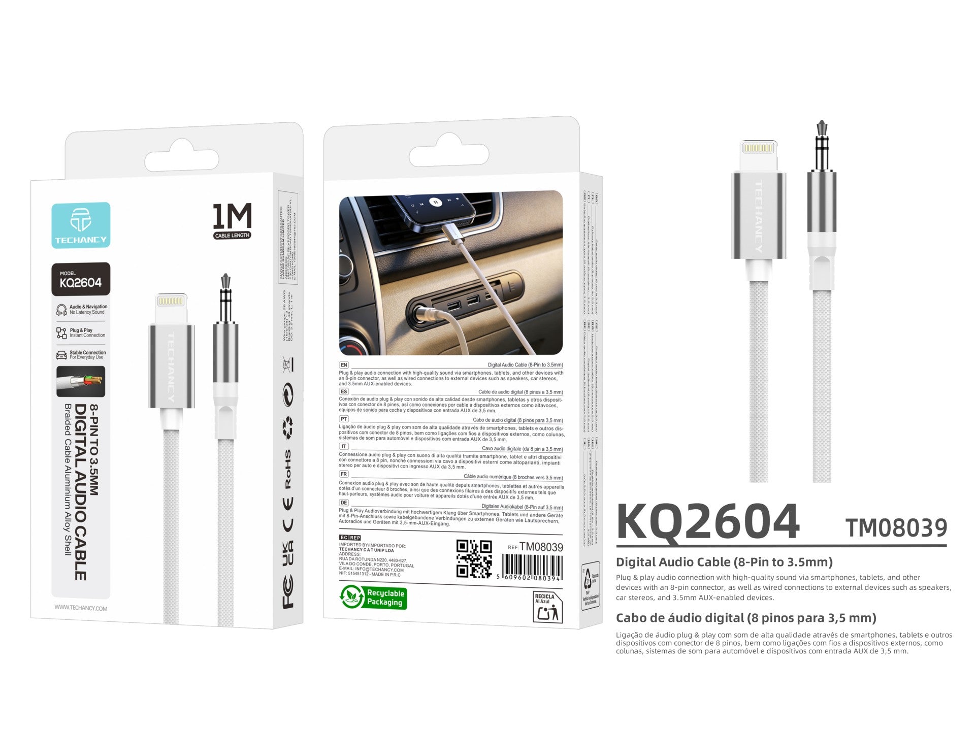 Techancy Cabo Audio Digital KQ2604 8-Pin para 3.5mm, 1M, Trancado, Compativel com Telemovel, Carro e Auscultadores, Branco