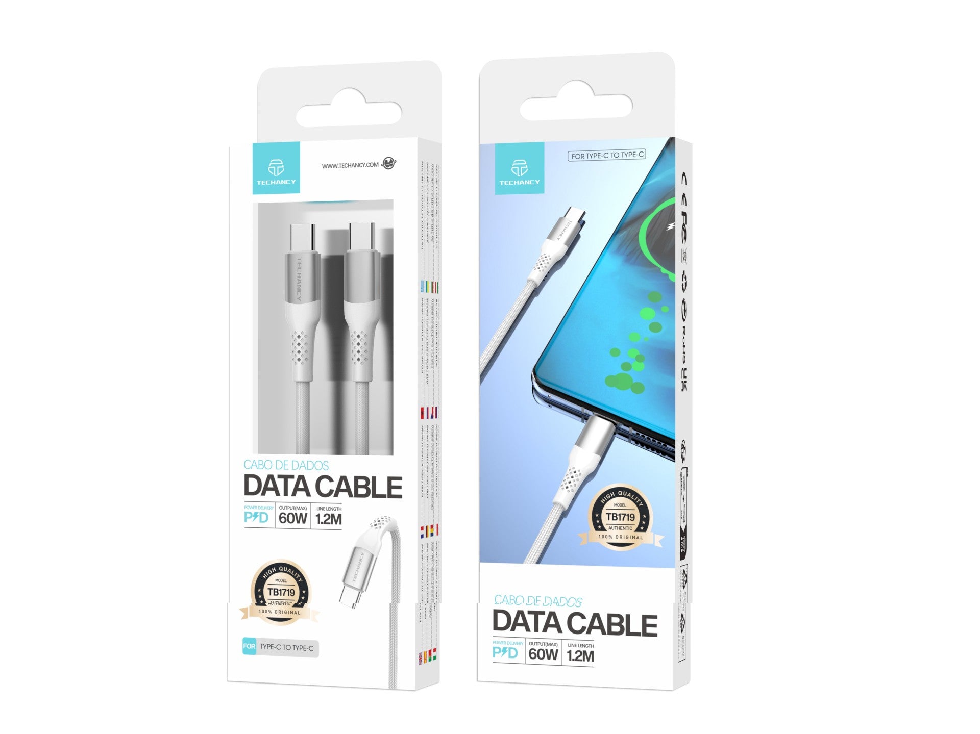 Techancy Cabo De Dados Pd De Alta Velocidade TB1719, Carregamento De Tipo C Para Tipo C 60wpd, Cabo Entrançado De 1,2m