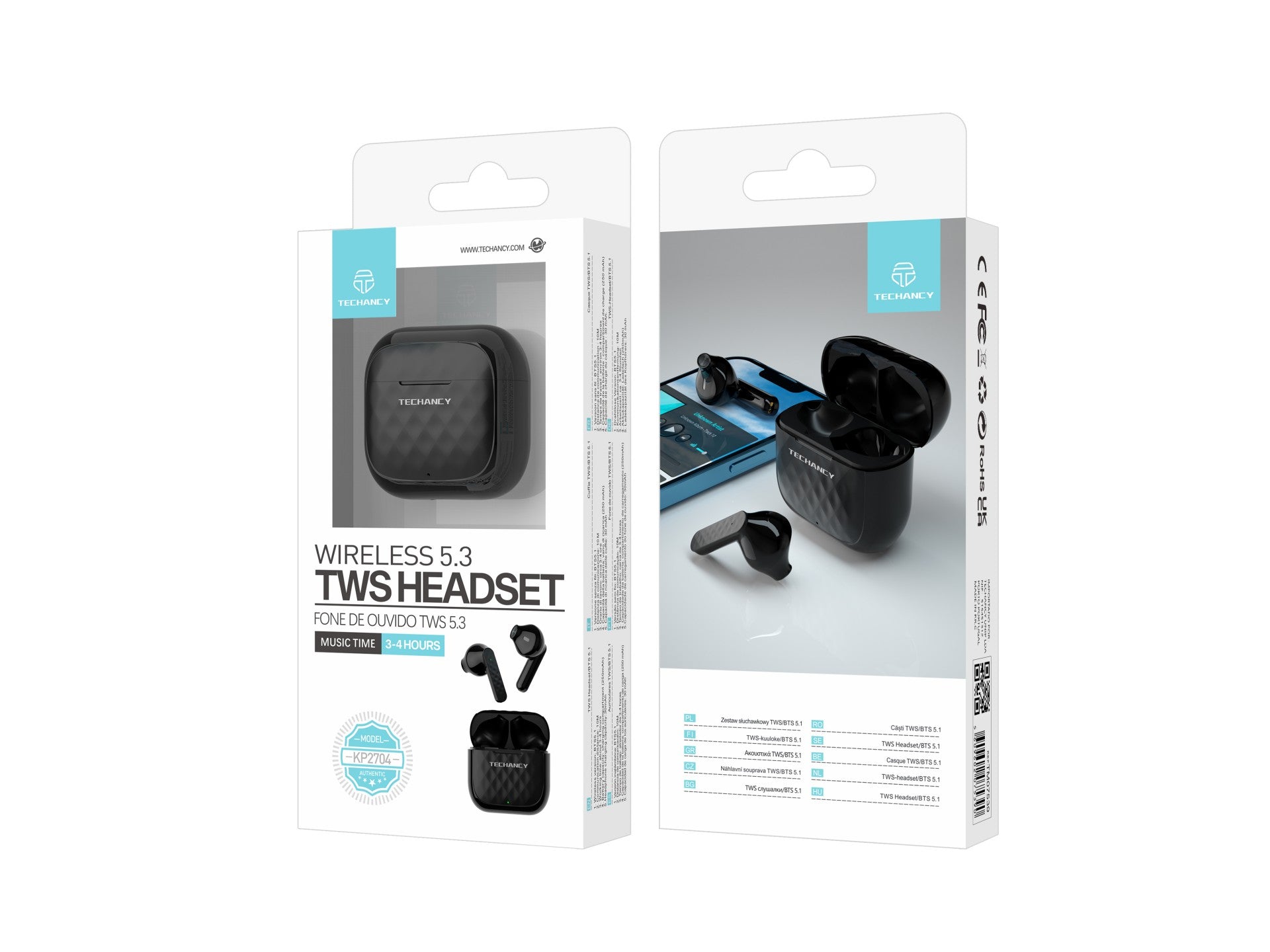 Techancy KP2704 Black Wireless Headphones, 10M Wireless Stereo Connection, 3-4 Hours Music Playback