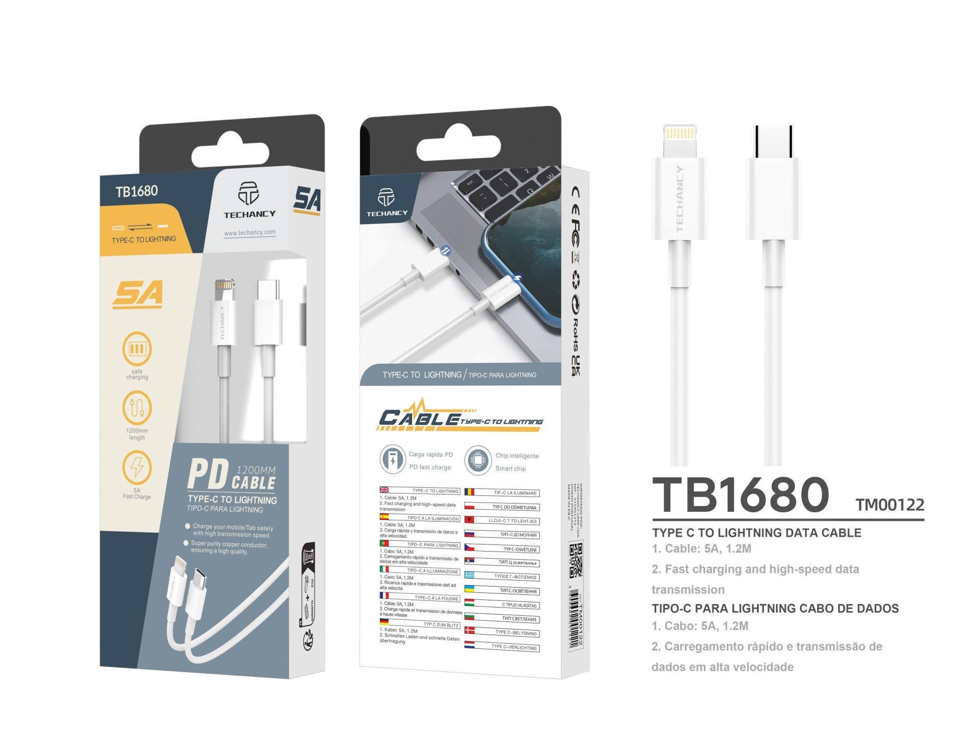 Cable de datos de carga rápida Techancy PD de 18 W, 1,2 m, TB1680, puerto USB-C, IP8/X/11-14, compatible con iPhone y iPad