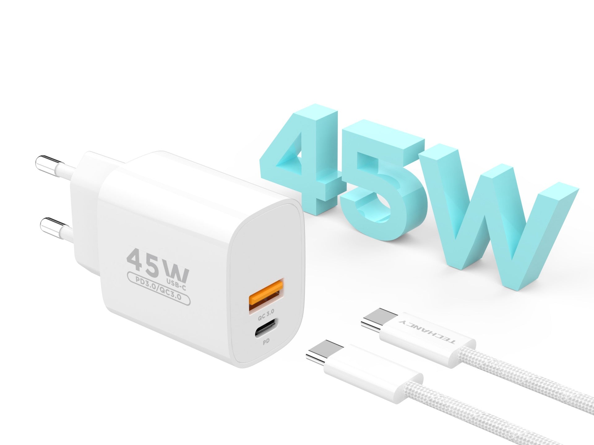 Cargador Techancy TA2820 USB-A+USB-C, 45 W PD, con cable USB-C a USB-C de 1 m, compatible con varios dispositivos