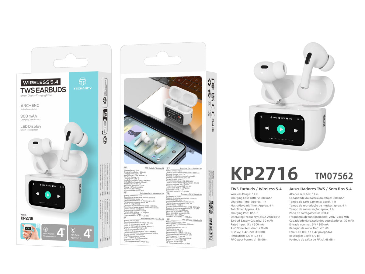 Auriculares Bluetooth TWS Techancy KP2716, Bluetooth 5.4, HiFi, ANC e ENC, Ecra Tatil, Caixa 300mAh, Autonomia 4h, Branco