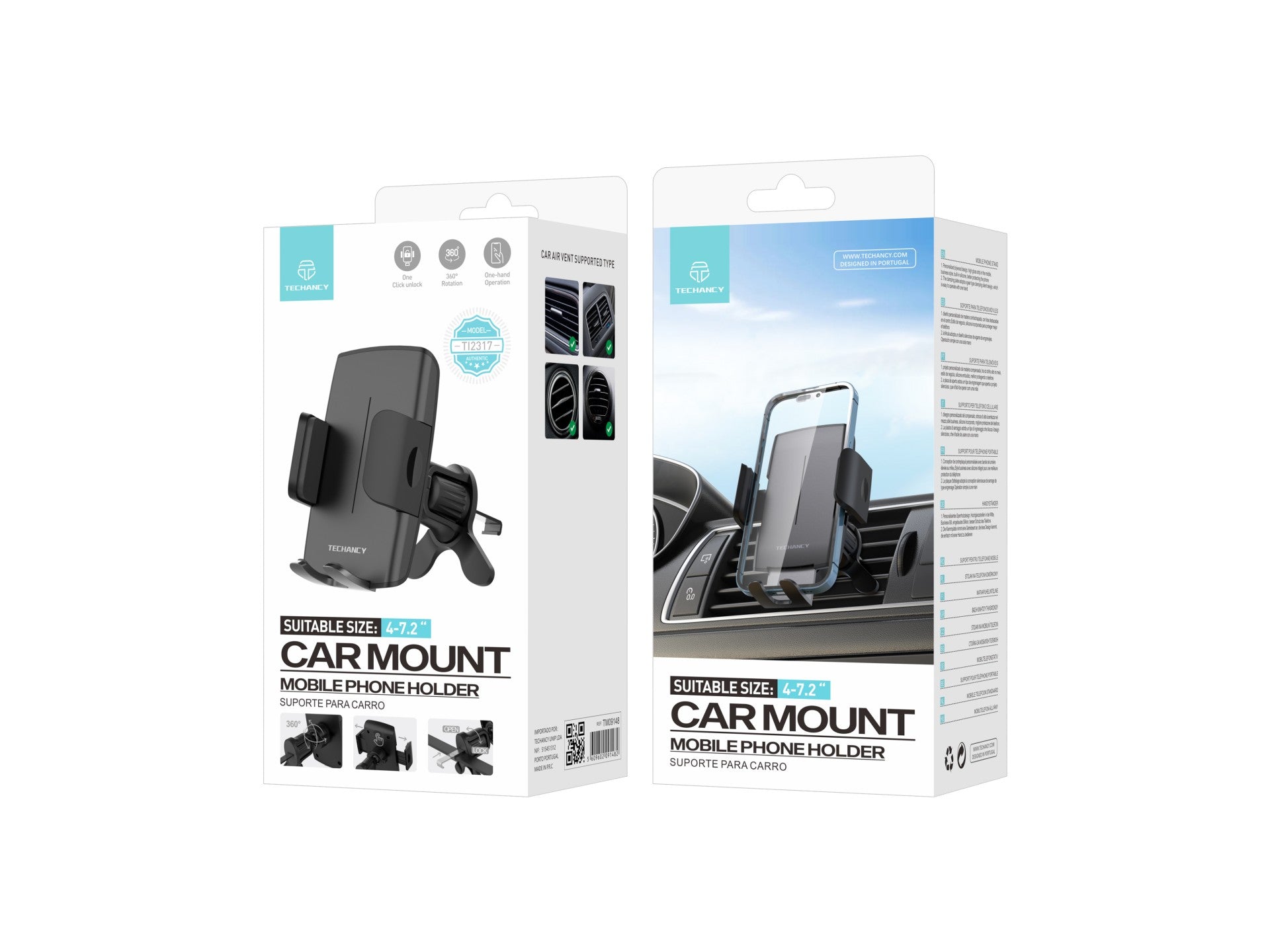 Soporte para teléfono de coche Techancy Ti2317, negro, de 4 a 7,2 pulgadas, para ventilación