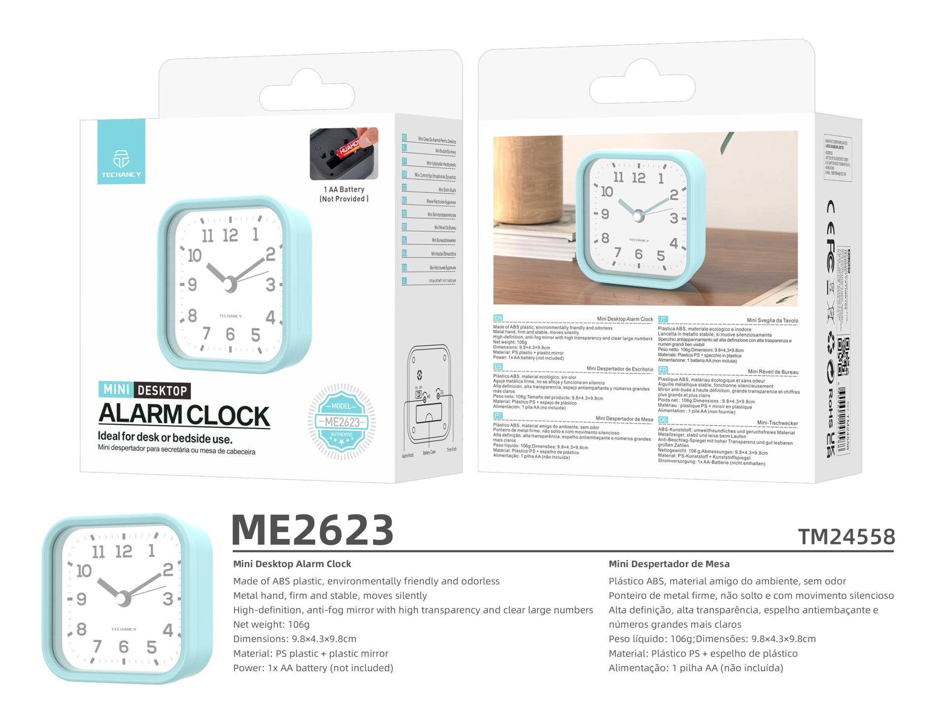 Techancy Mini ME2623 Silent Desk Alarm Clock, Large Numbers, Mirror, HD ABS Body, Portable for Bedroom and Office, Blue Color