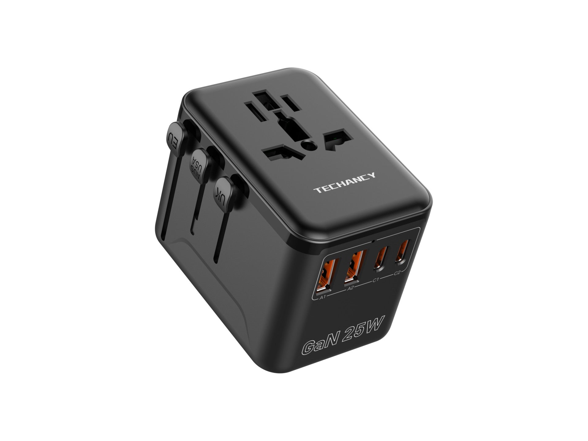 Techancy Adaptador Universal Viagem MB2503 Conversor Tomada Mundial GaN 25W 2500W 10A Compatibilidade UK EU US AUS Com USB Preto