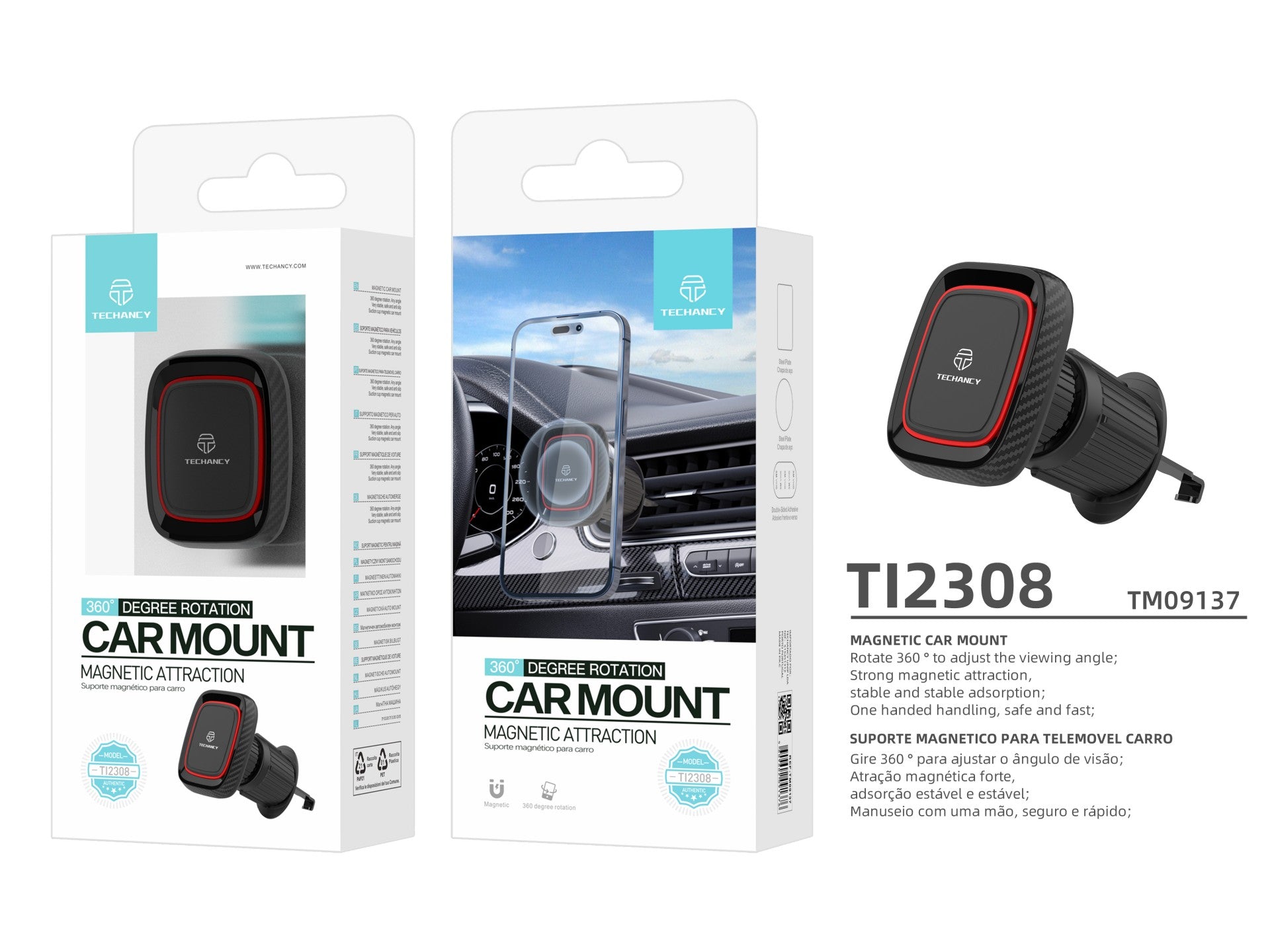 Soporte magnético para teléfono de coche Techancy Ti2308, para una sola mano, rotación de 360 grados