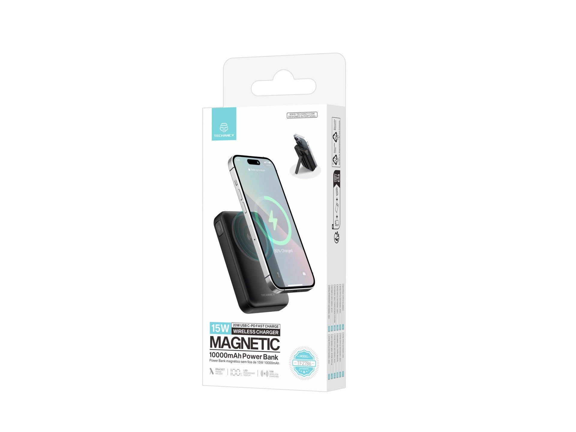 Techancy Magnetic Power Bank TF2786 10000mAh Fast Wireless Charging 15W PD 20W Compatible with MagSafe Integrated Support LED Screen Black