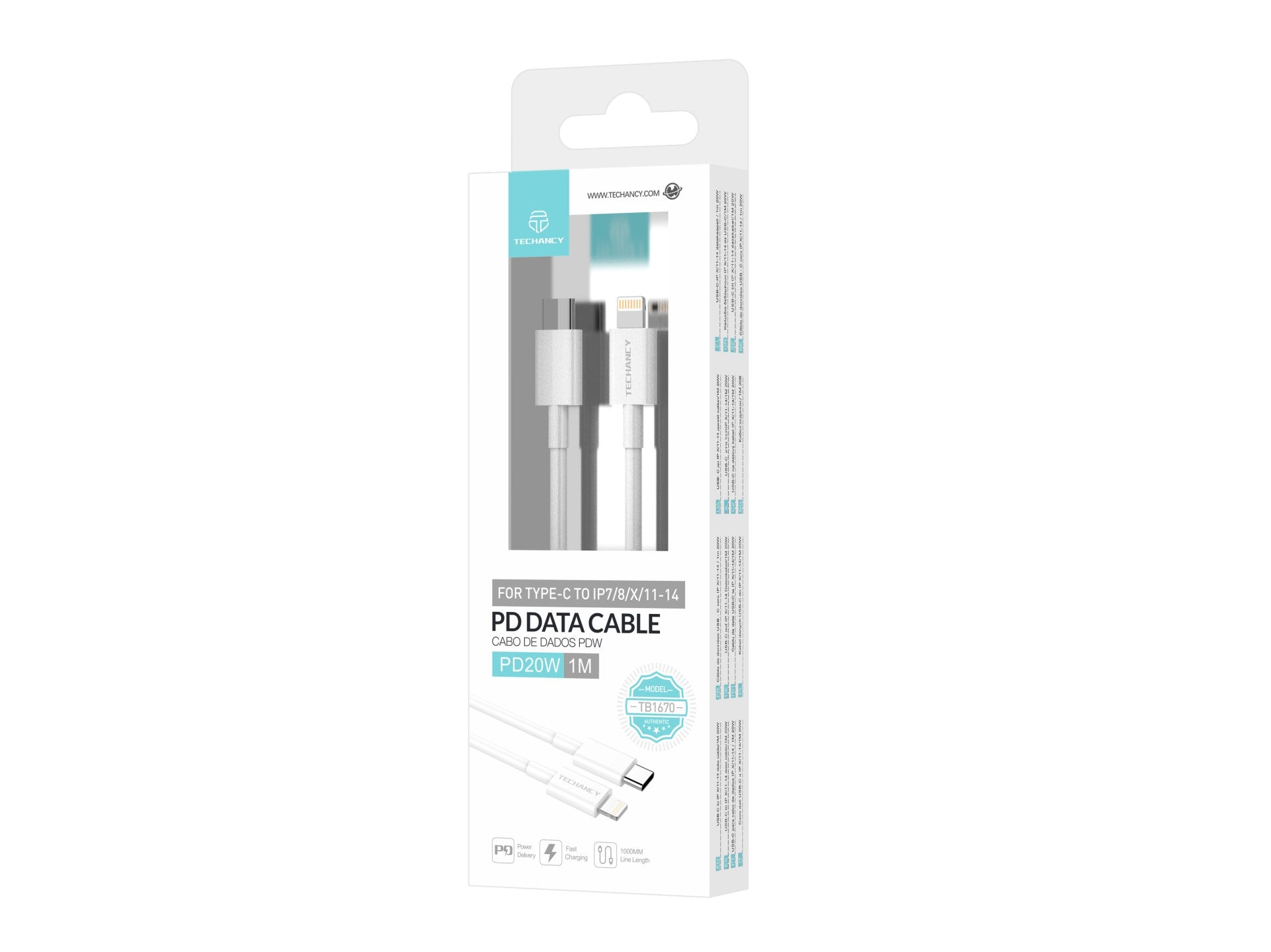 Techancy Cabo De Dados Usb-C Para Lightning TB1670, Carregamento Rápido De 20 W, 1 Metro, Branco, Compatível Com Iphone E Ipad