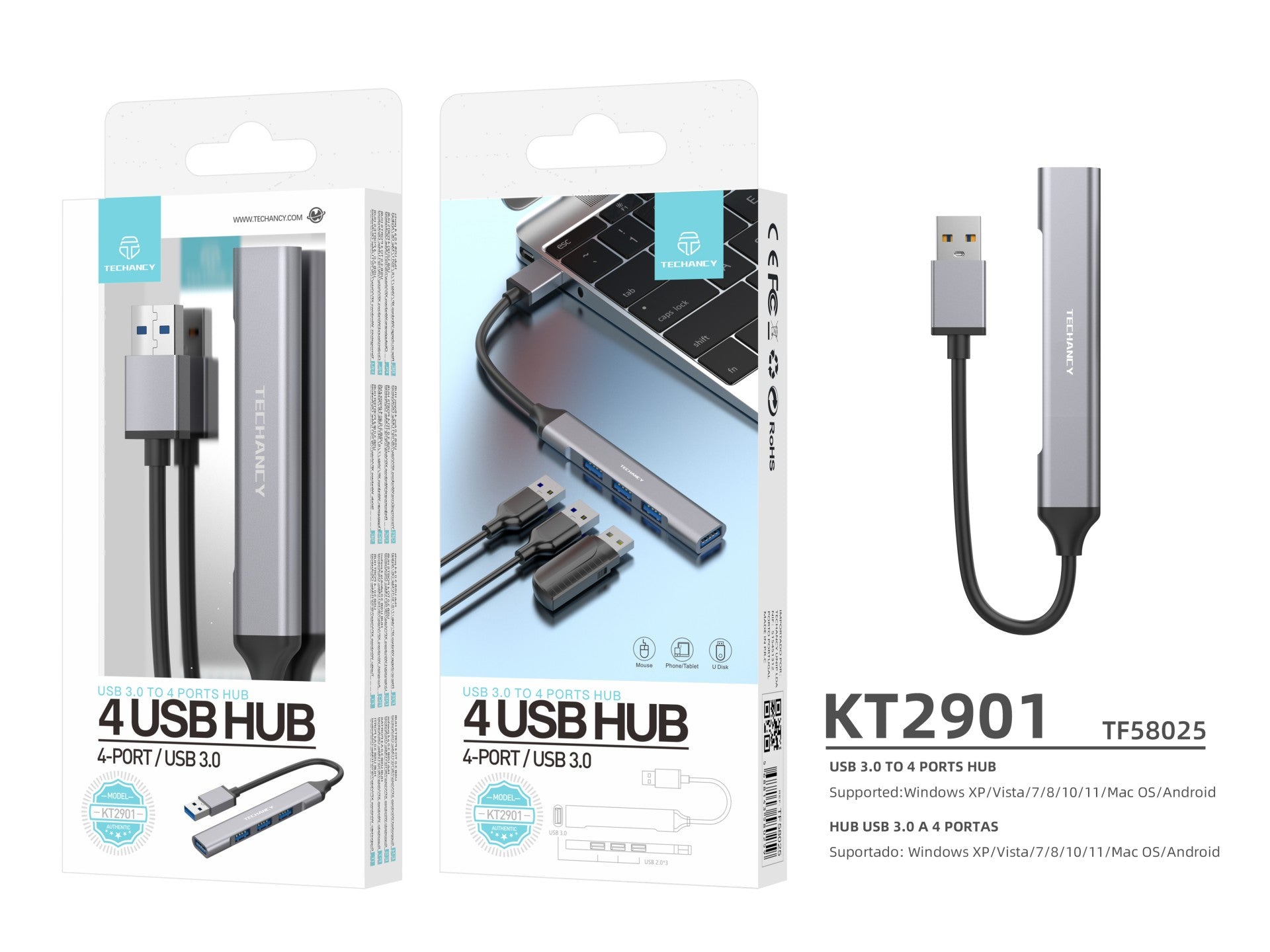 Concentrador USB 3.0 Techancy, USB 4 en 1, KT2901, extensor de concentrador USB, gris