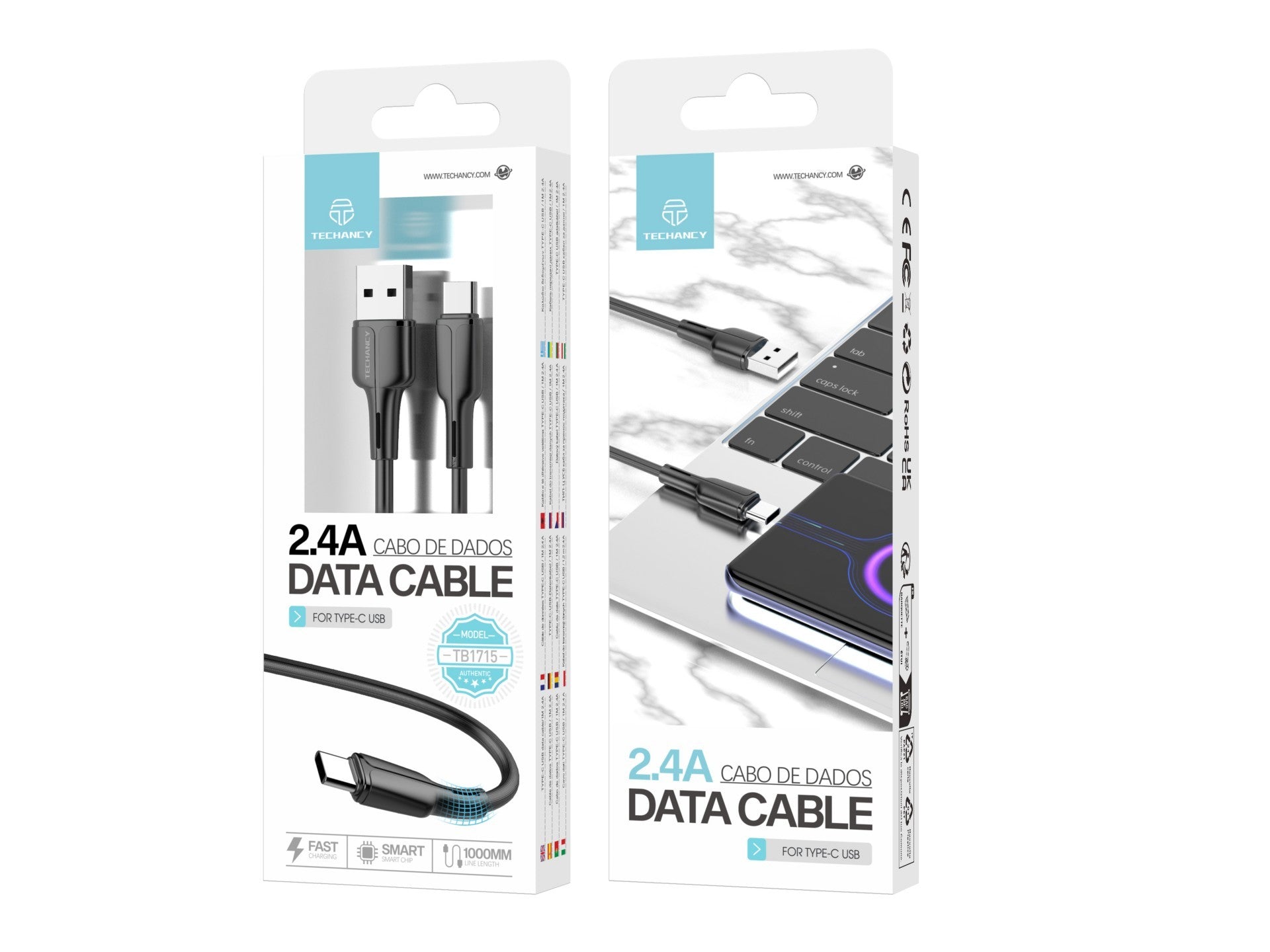 Techancy Cabo De Dados Usb-Type-C Preto 1m TB1715, Carregamento Rápido 2.4a, Suporta Transferência De Dados, Material Pvc