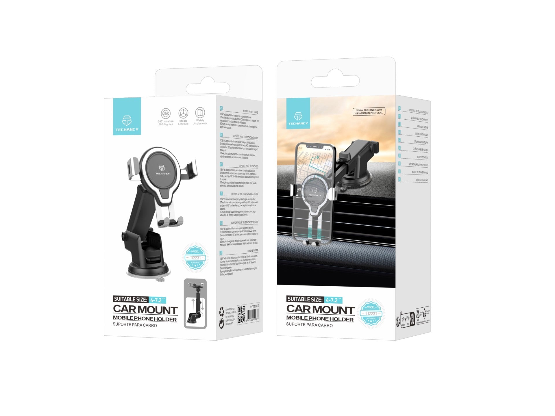 Techancy Suporte Para Telemóvel Para Automóvel Ti2231, Base De Ventosa Ajustável, Comprimento Telescópico, Rotação De 360