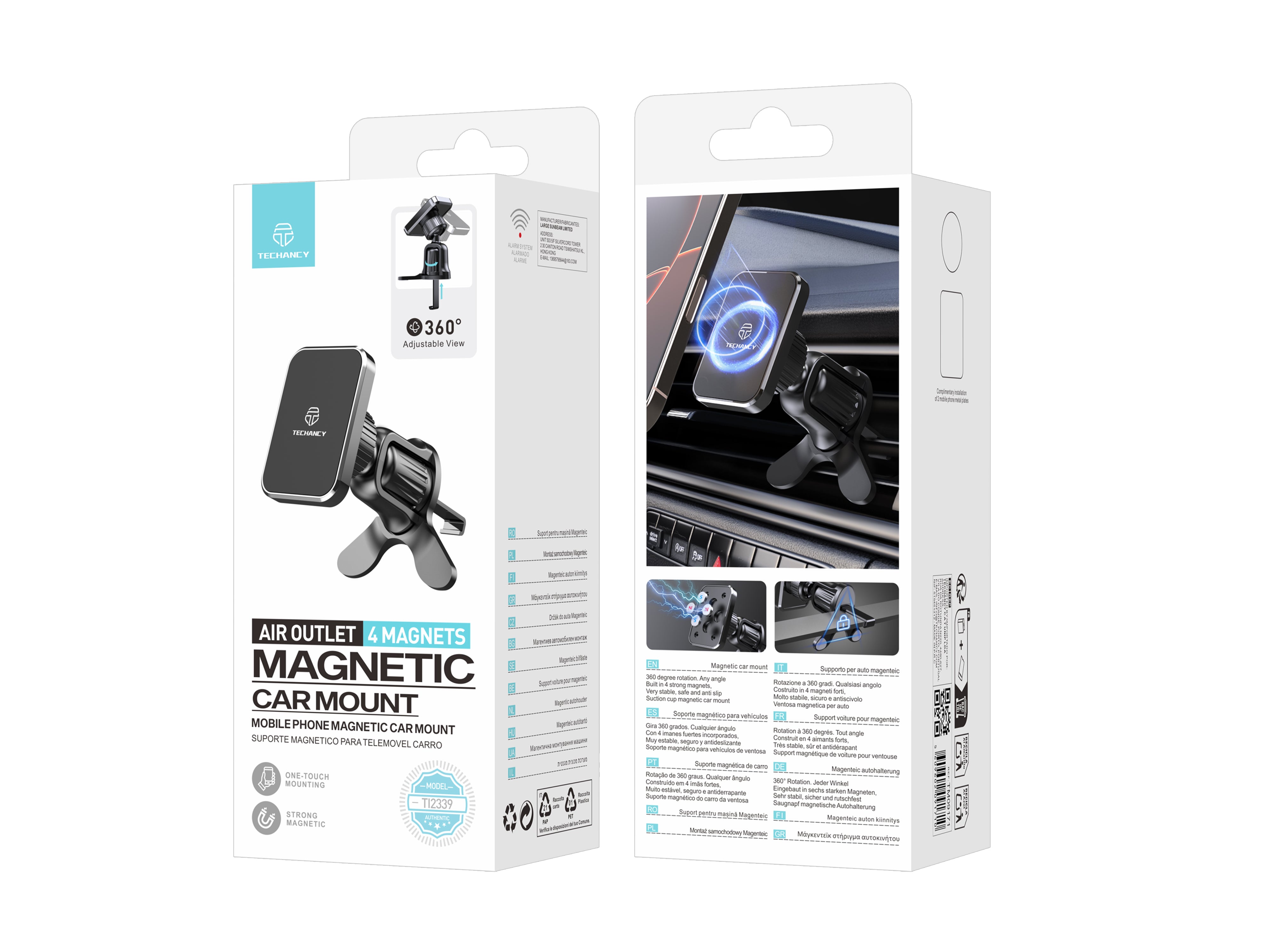 Techancy Suporte magnetico carro TI2339 encaixe grelha 360 graus forte e estavel para telemovel Preto