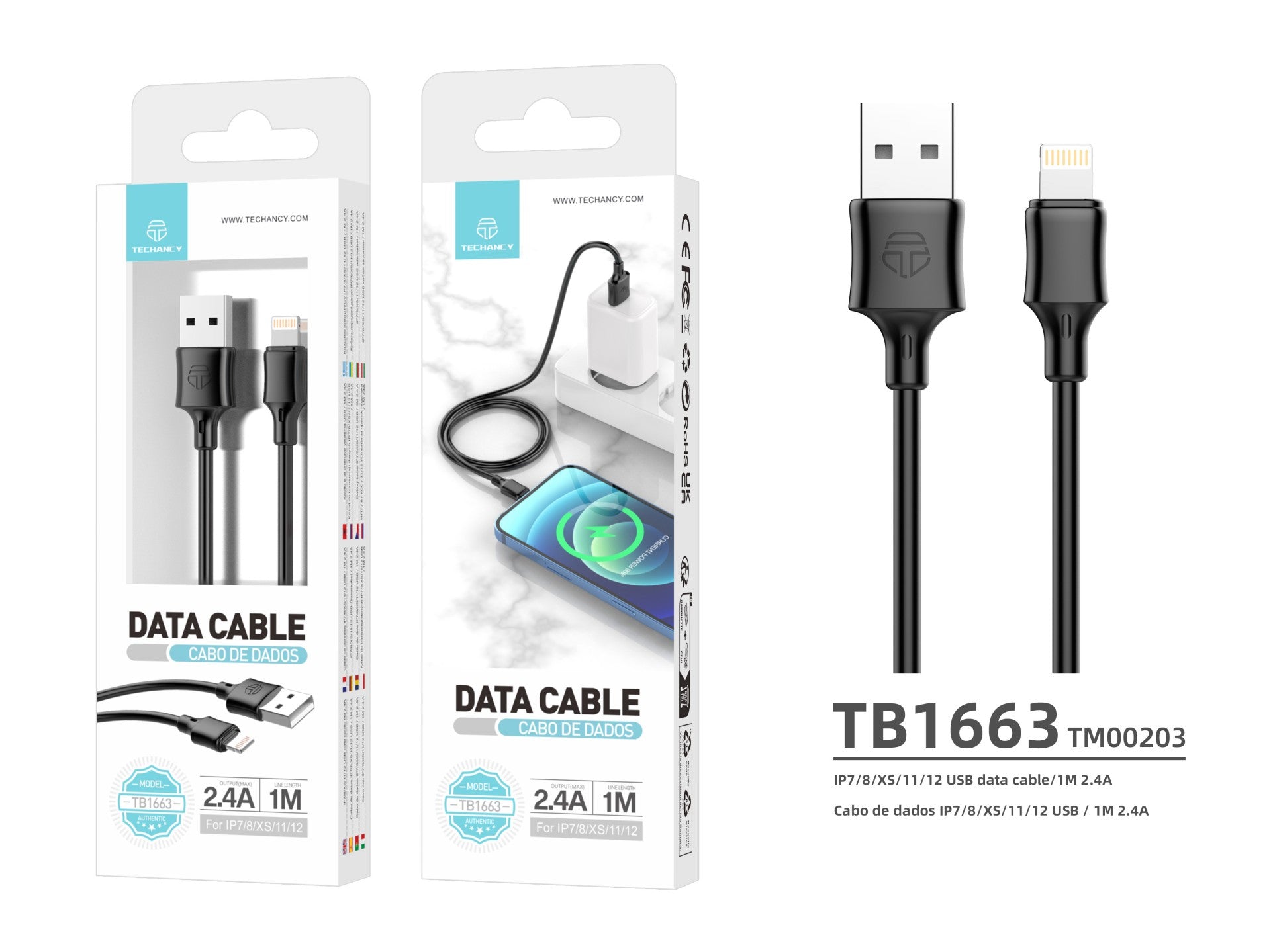 Techancy Cabo De Dados Usb-Lightning 1m Preto TB1671, Carregamento 2.4A, Compatível Com Iphone/Ipad
