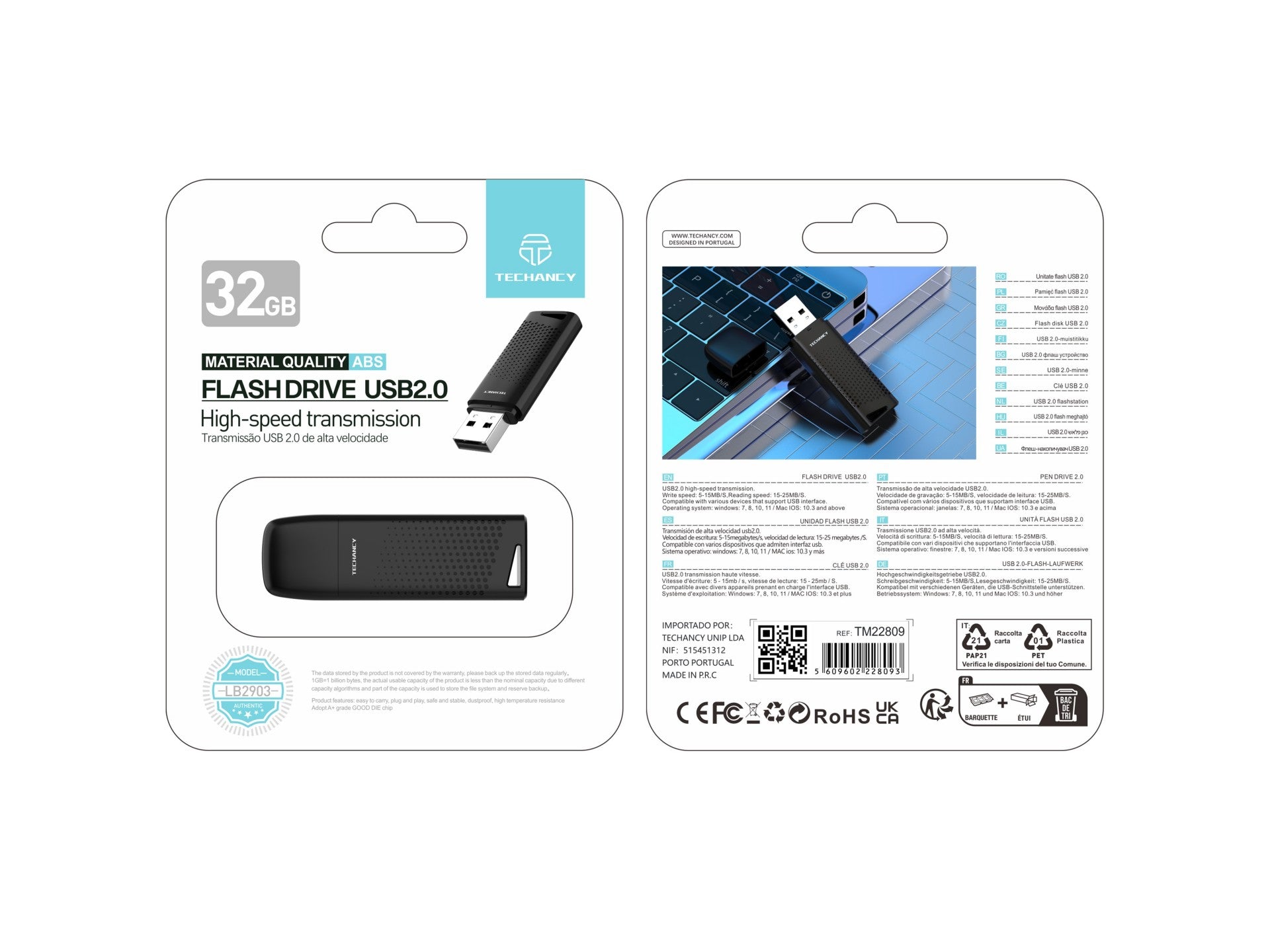 Techancy USB Flash Drive 32GB Preto LB2903, Usb 2.0, Compatível com PC/Mobile/Mac, Armazenamento seguro de ficheiros