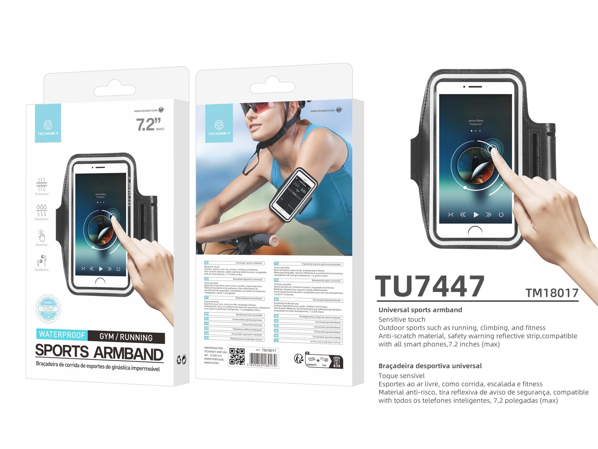 Techancy Bolsa De Braço Desportiva TU7447, Telemóvel De 7,2', Ecrã Tátil Transparente, Aviso Refletor Noturno.