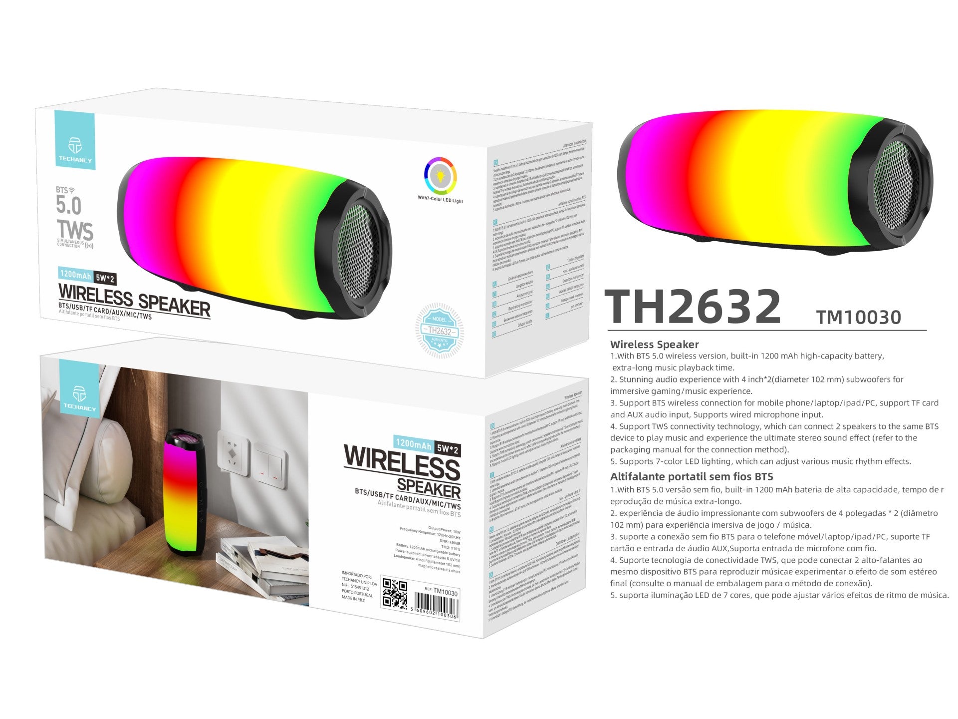 Techancy Audio Bluetooth TH2632, LED de ritmo musical, batería integrada, compatible con conexión inalámbrica 5.0/TF/U Disk/Aux