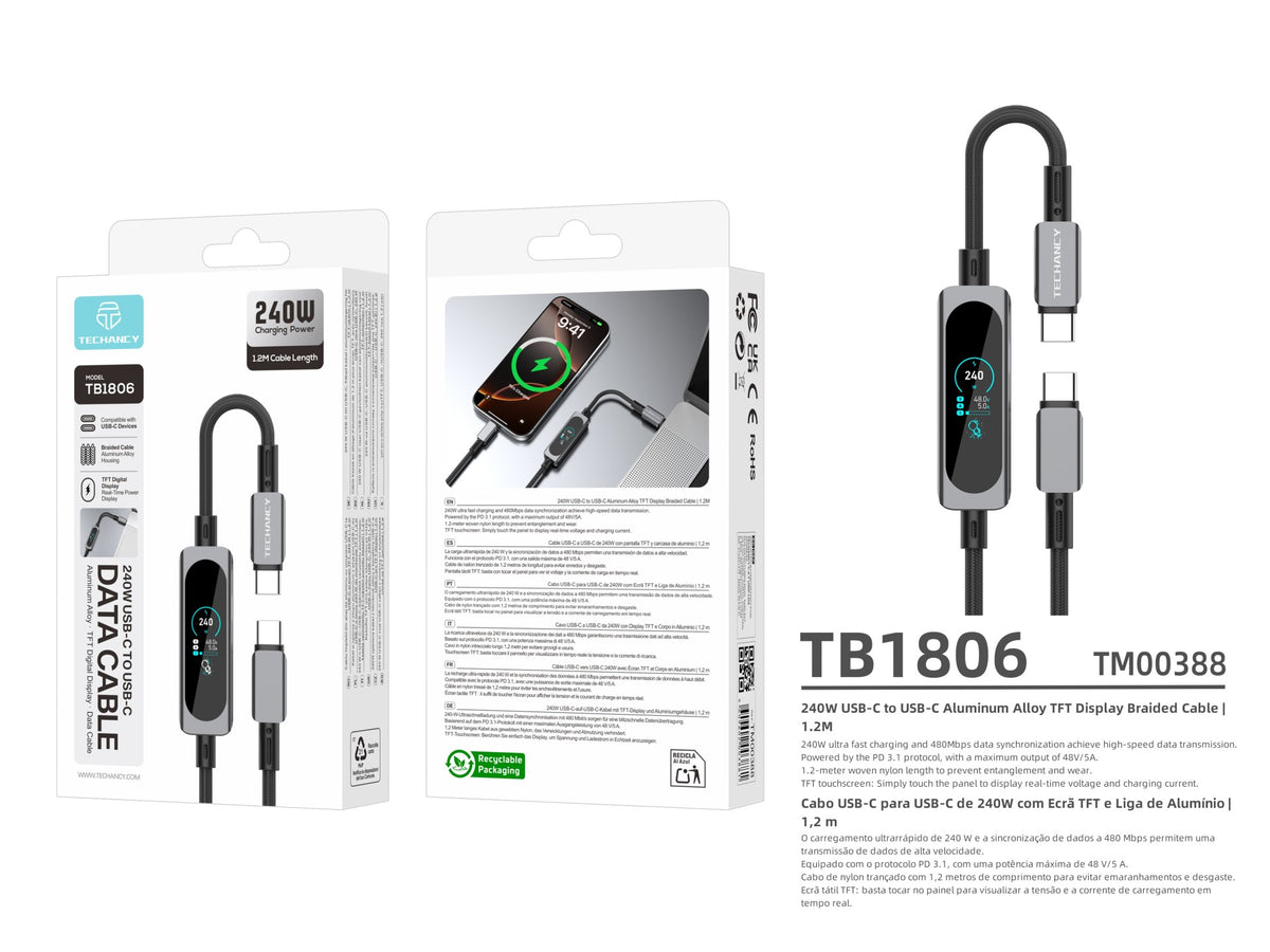 Cabo USB-C para USB-C 240W TECHANCY TB1806, PD 3.1, 1,2 m, Ecra Tatil TFT, Nylon Entrancado, Dados 480 Mbps
