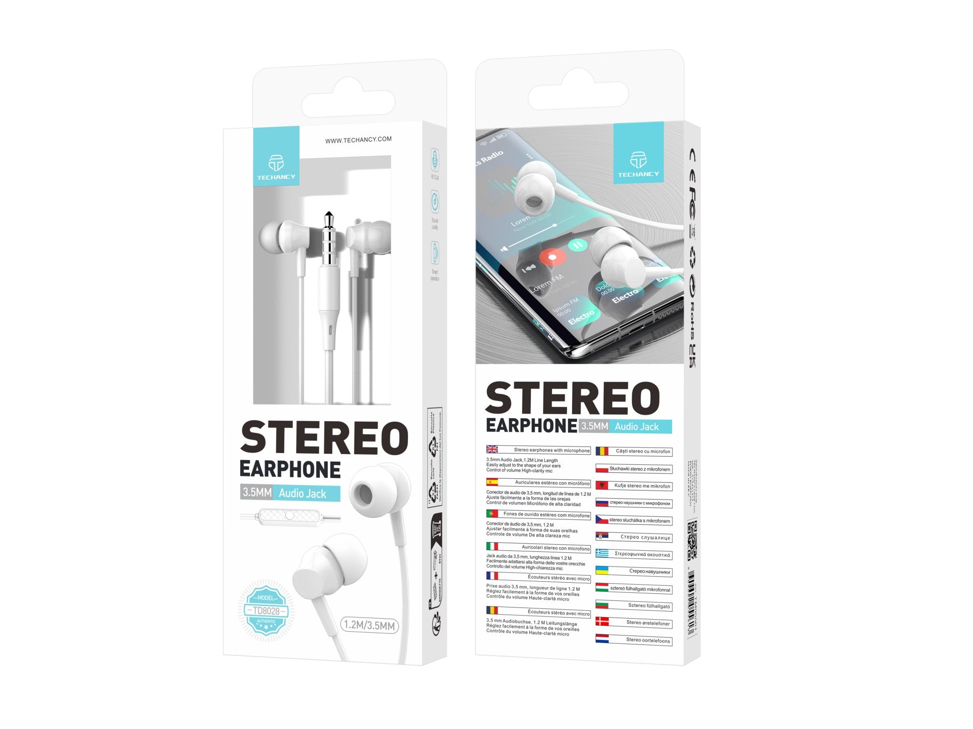 Auriculares intrauditivos Techancy negros de 1,2 m TD8029, con control de volumen del micrófono y conector de 3,5 mm