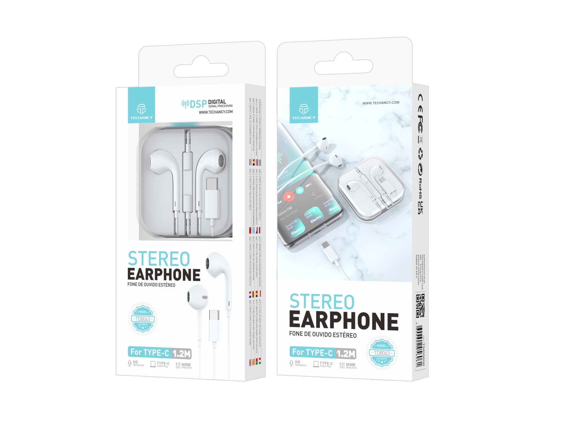 Techancy Auricular Estéreo Com Fios Branco 1,2 M TD8063, Chip Dsp Tipo C Compatível Com Samsung/Huawei/Xiaomi, Etc.